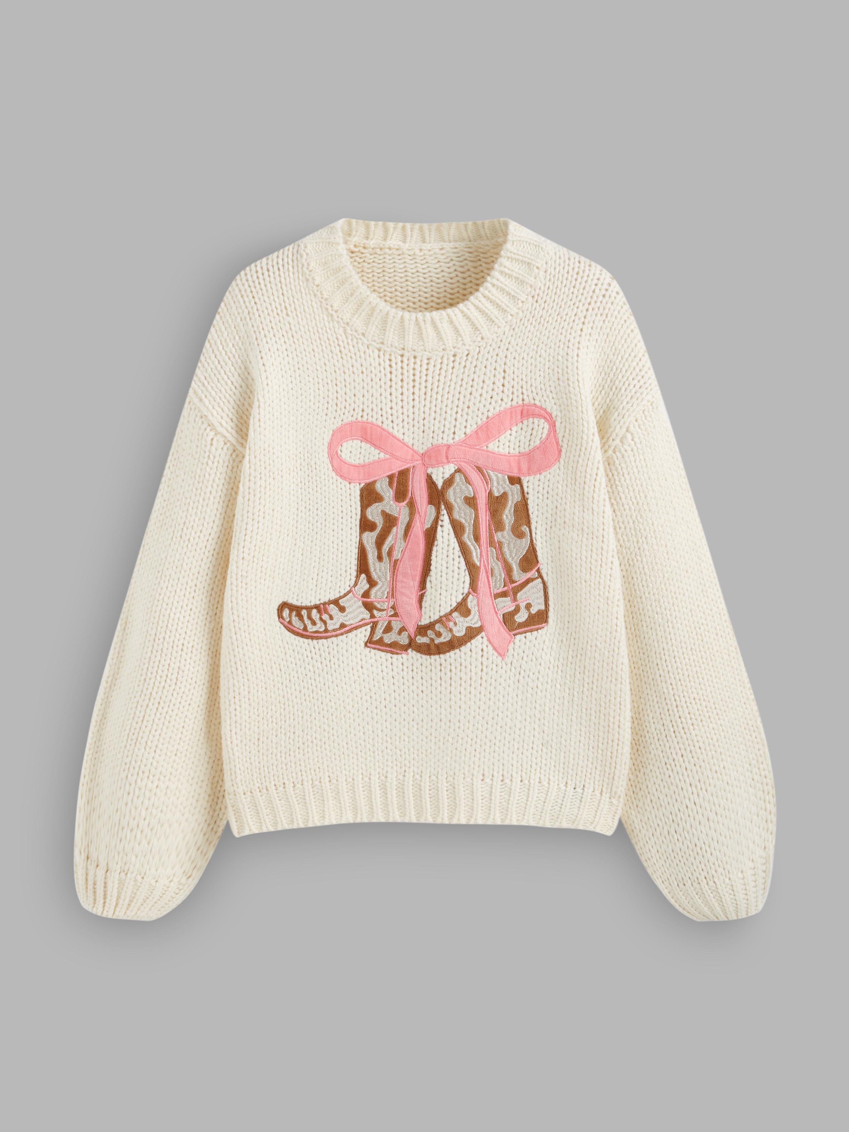 Knit Round Neckline Boots Bowknot Oversized Long Sleeve Top by CIDER