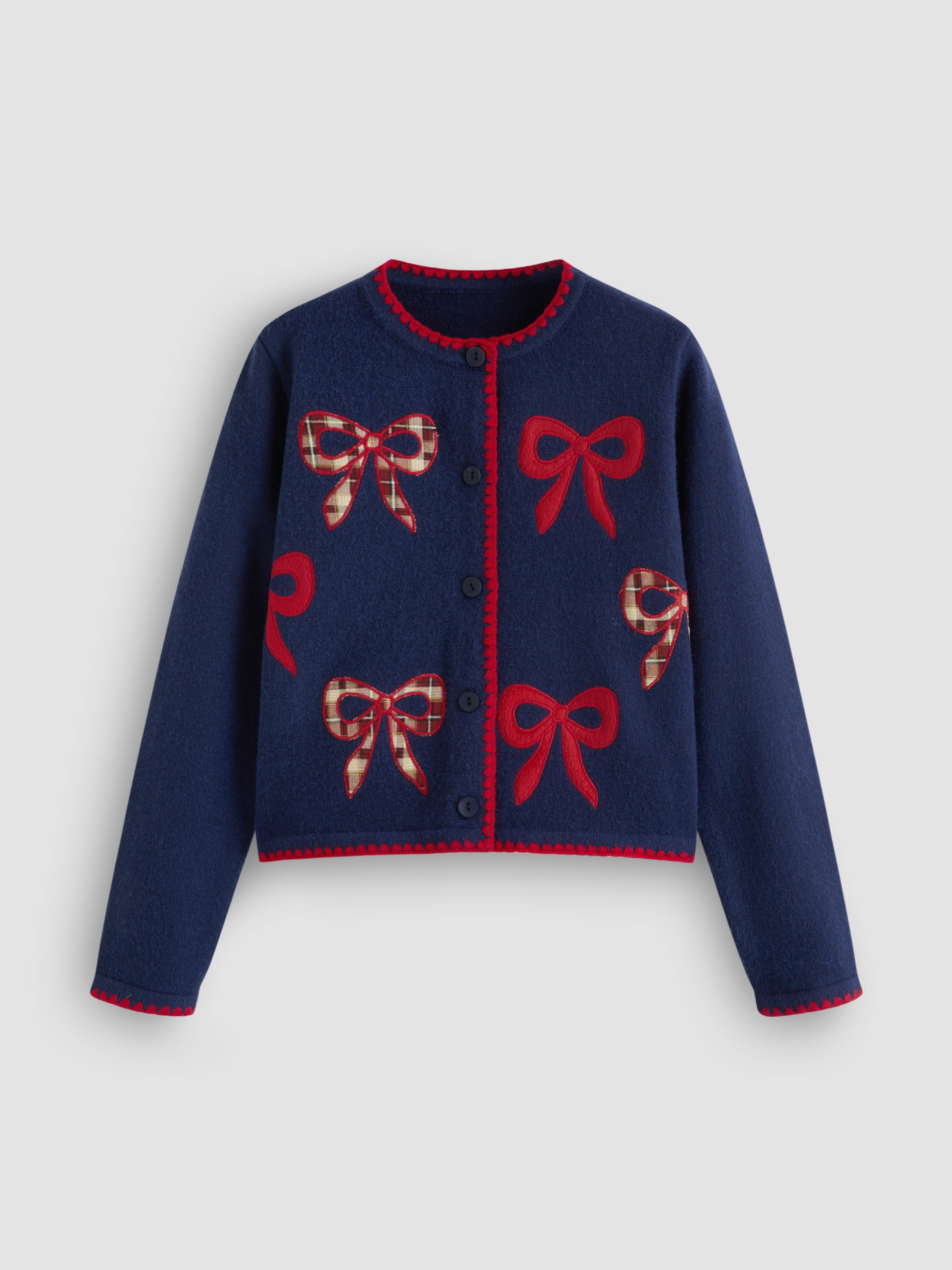 Knit Round Neckline Bowknot Applique Cardigan by CIDER