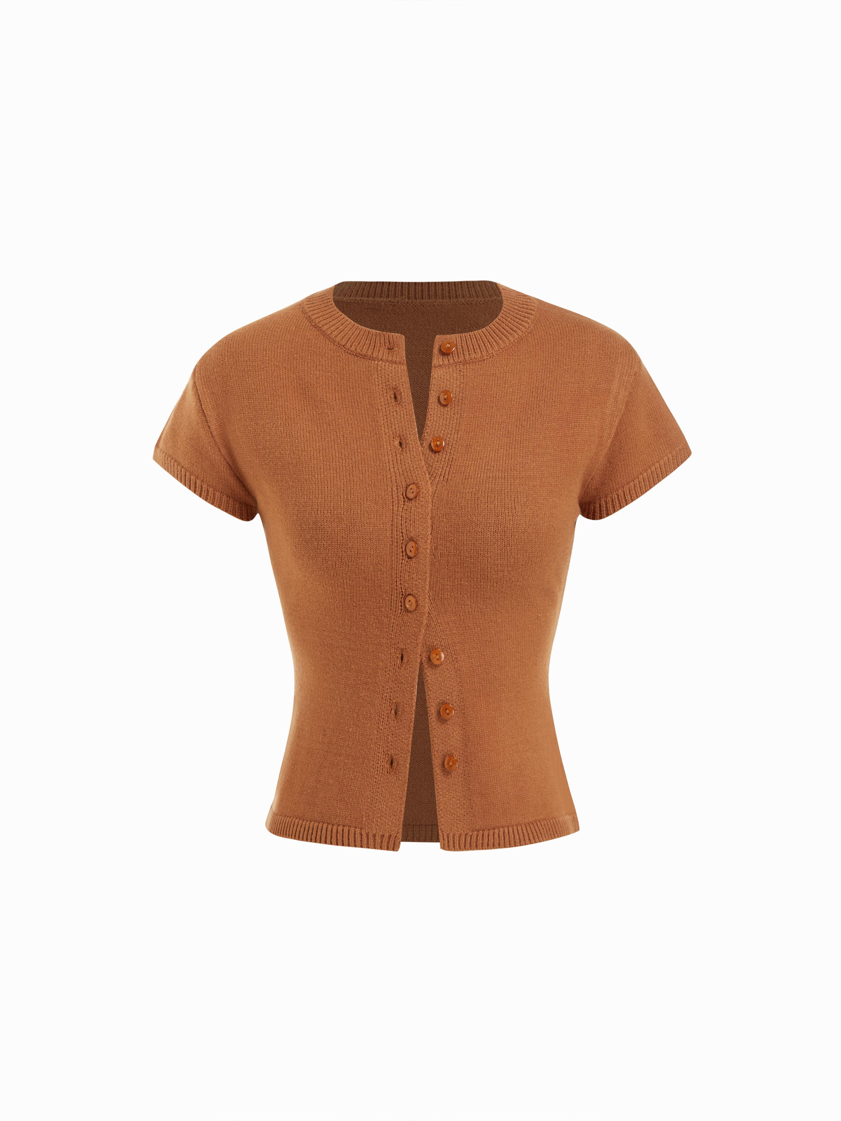 Knit Round Neckline Button Short Sleeve Top by CIDER