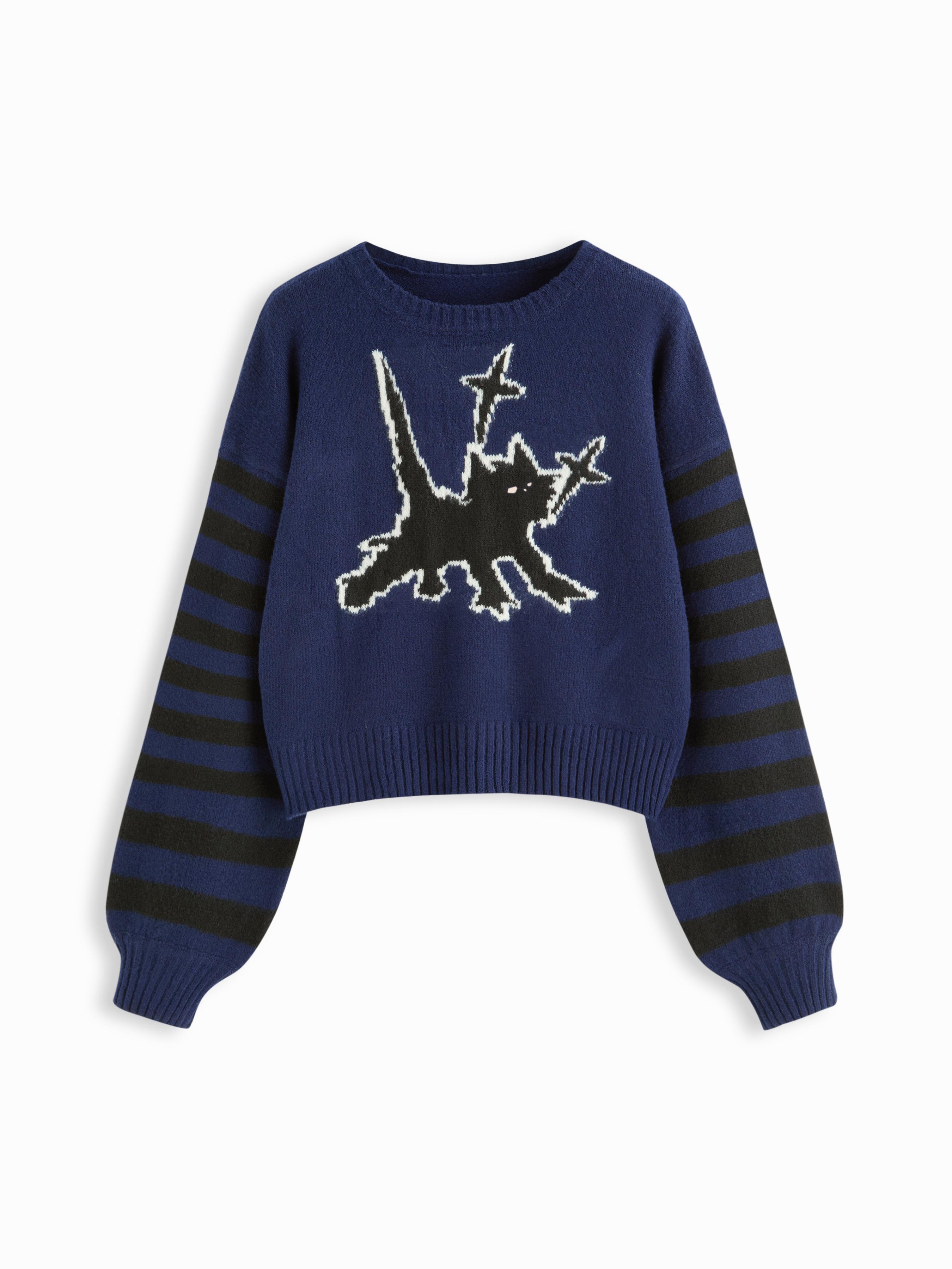 Knit Round Neckline Cat Striped Oversized Top by CIDER