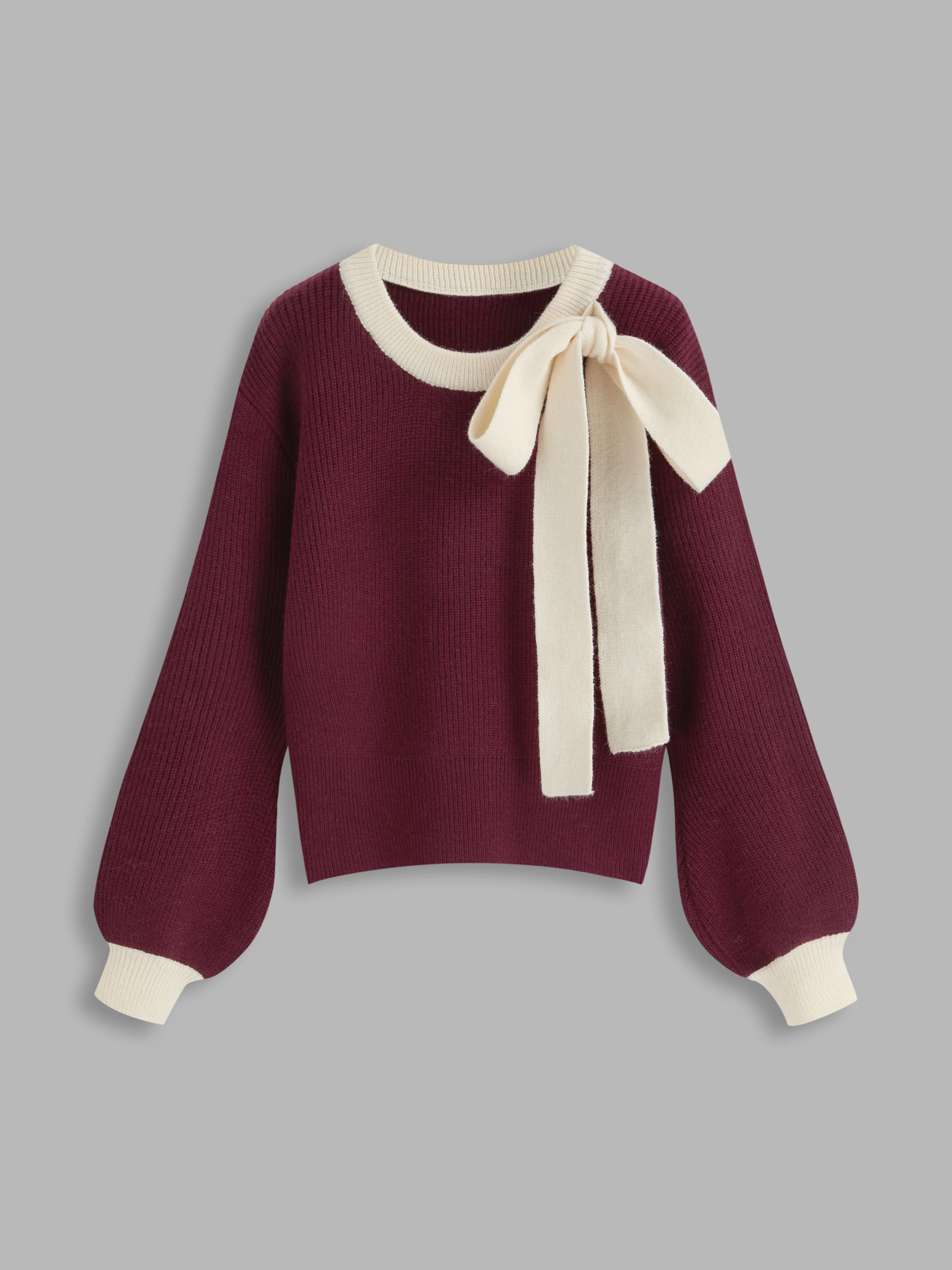 Knit Round Neckline Contrasting Binding Bowknot Long Sleeve Top by CIDER