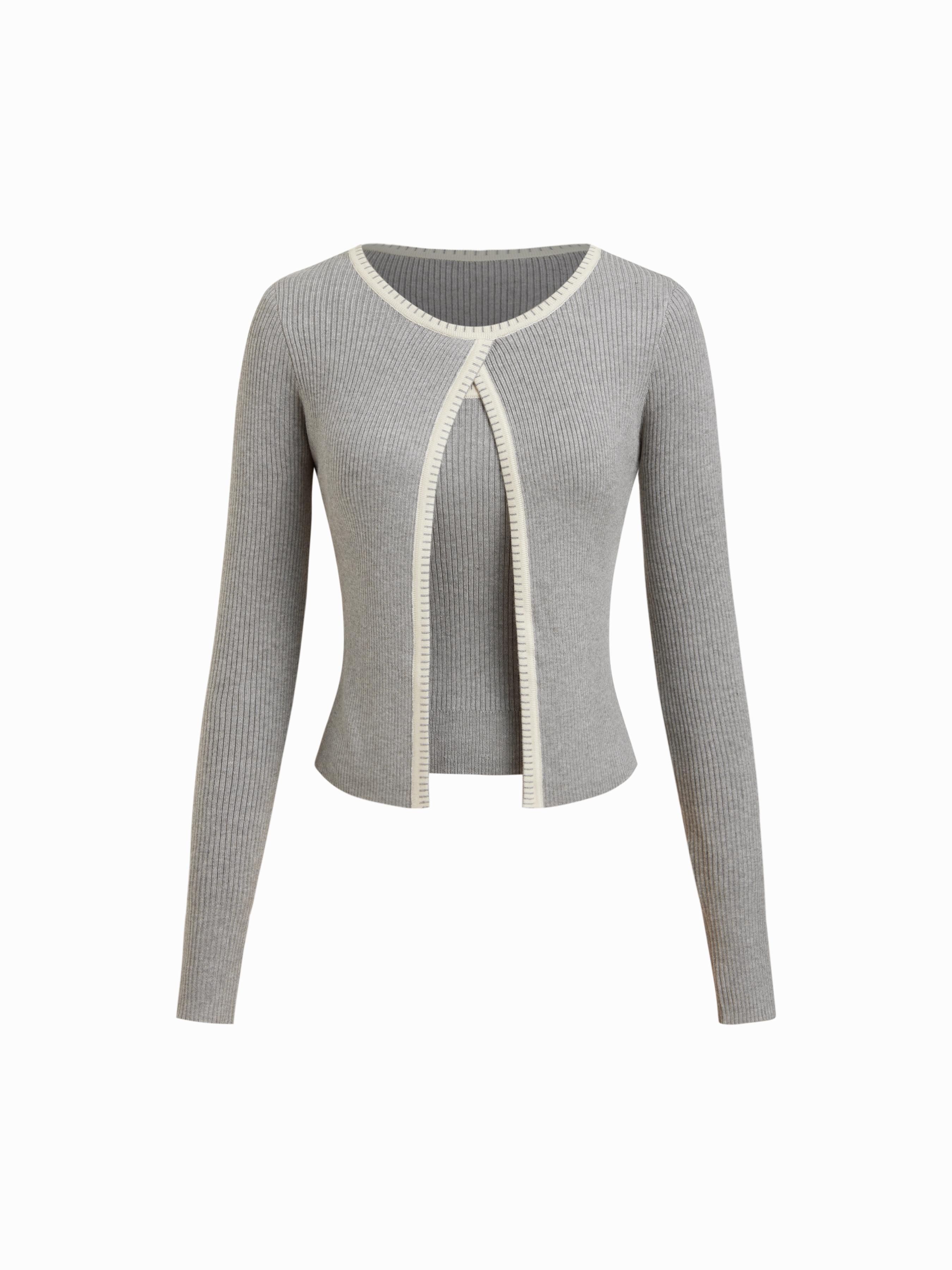 Knit Round Neckline Contrasting Binding Cardigan & Cami Top by CIDER