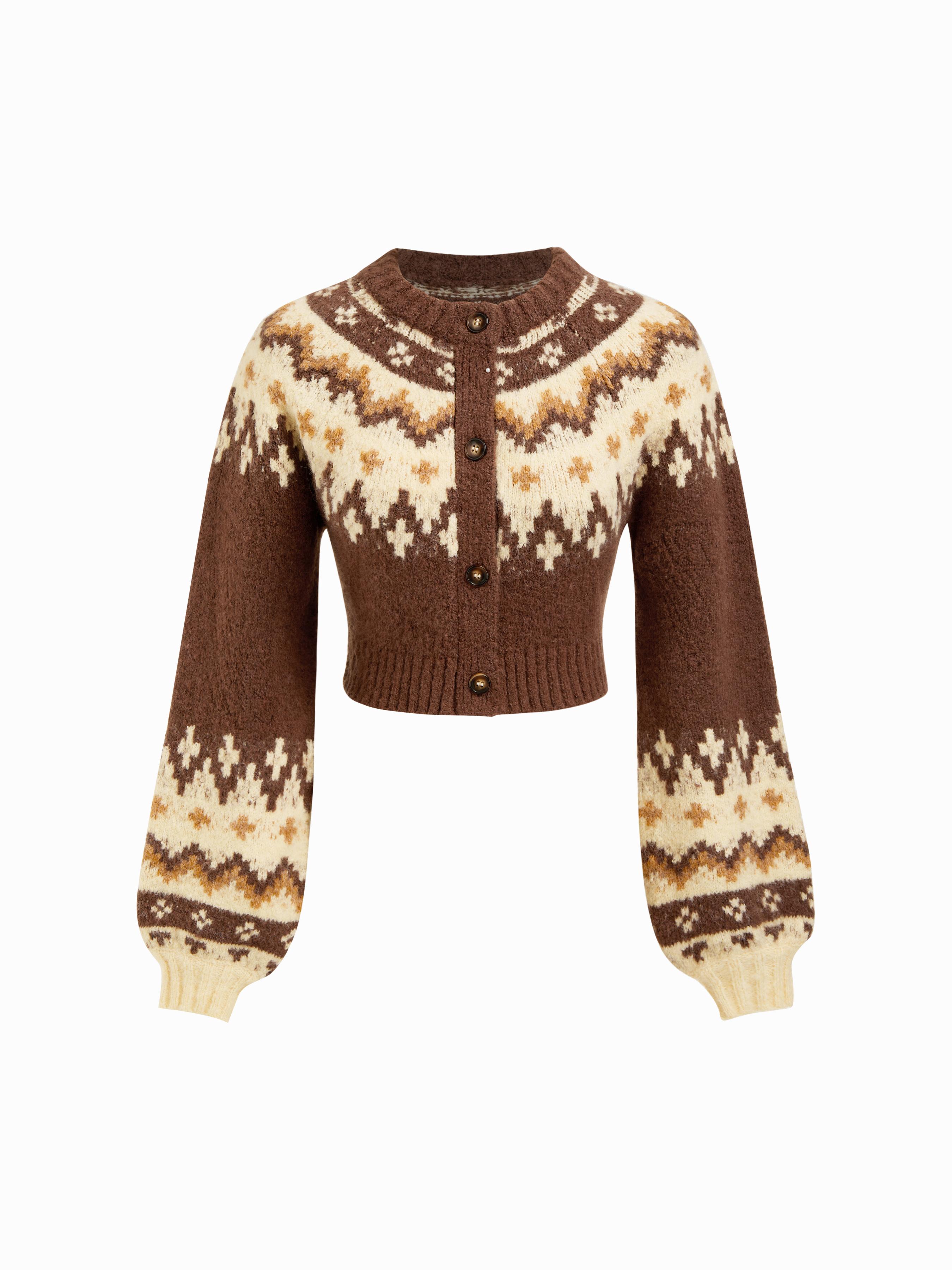 Knit Round Neckline Fair Isle Button Long Sleeve Cardigan by CIDER Knit Round Neckline Fair Isle Button Long Sleeve Cardigan by CIDER