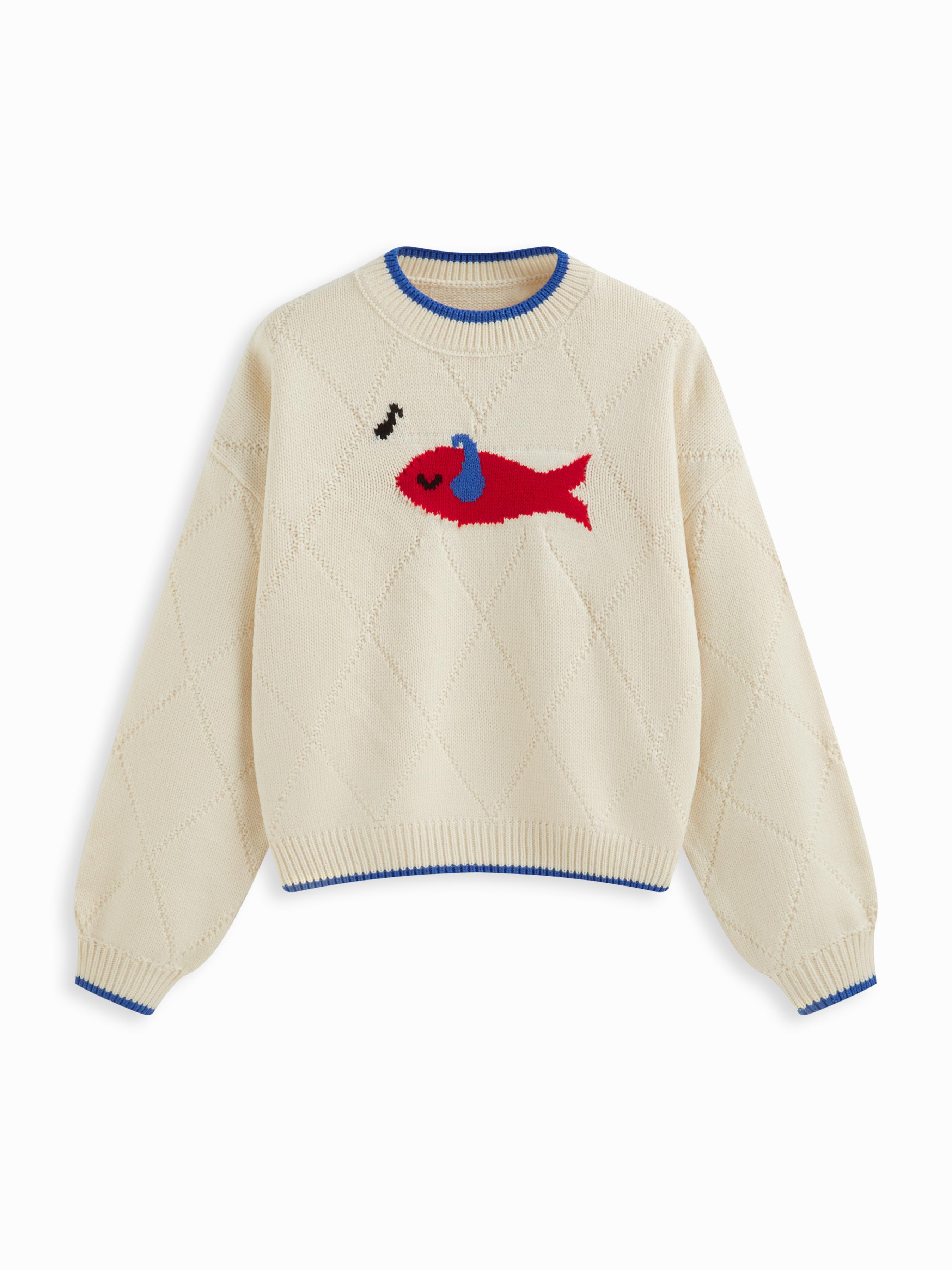 Knit Round Neckline Fish Graphic Contrasting Binding Oversized Top by CIDER