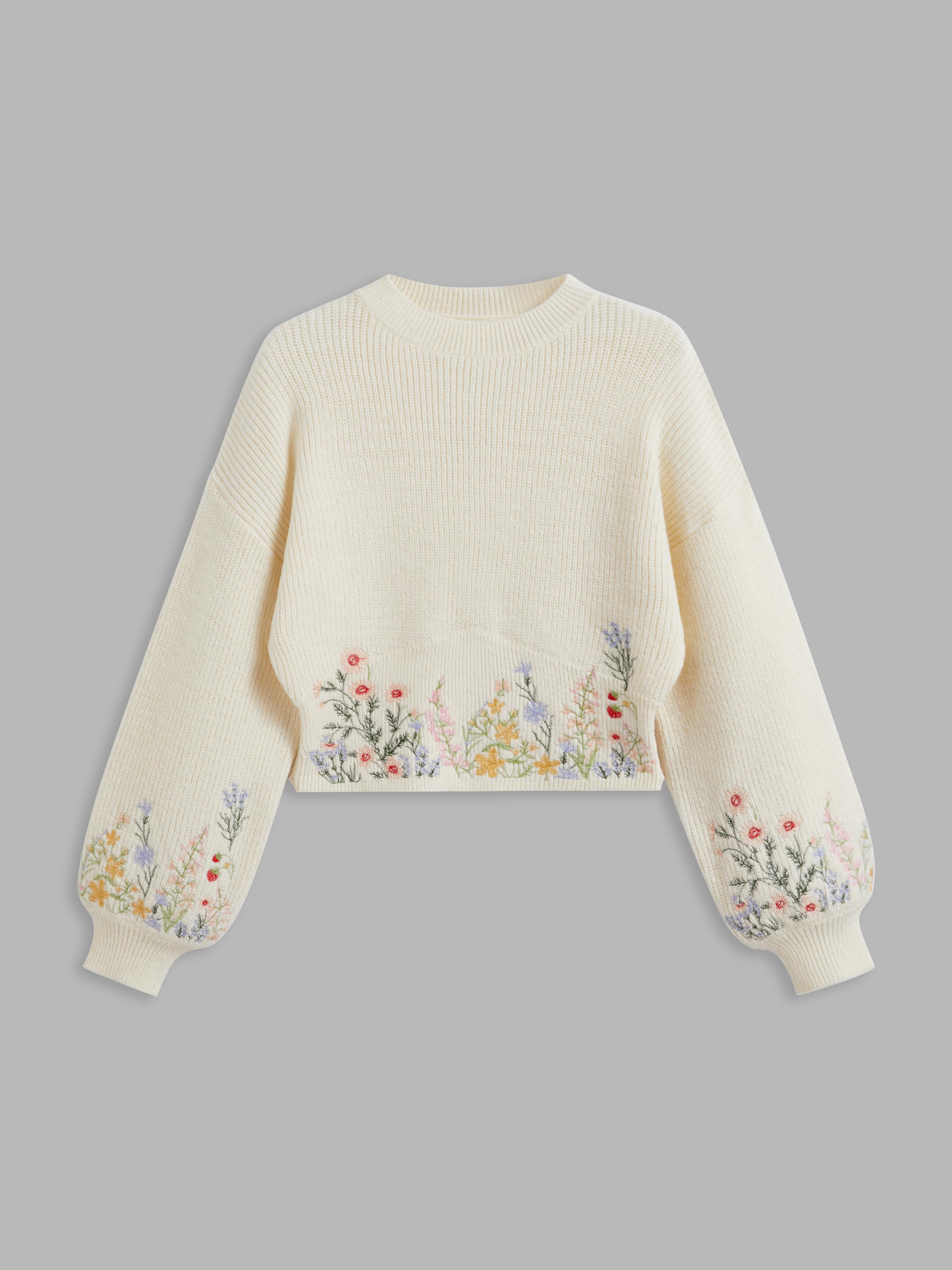 Knit Round Neckline Floral Embroidery Crop Sweater Curve & Plus by CIDER