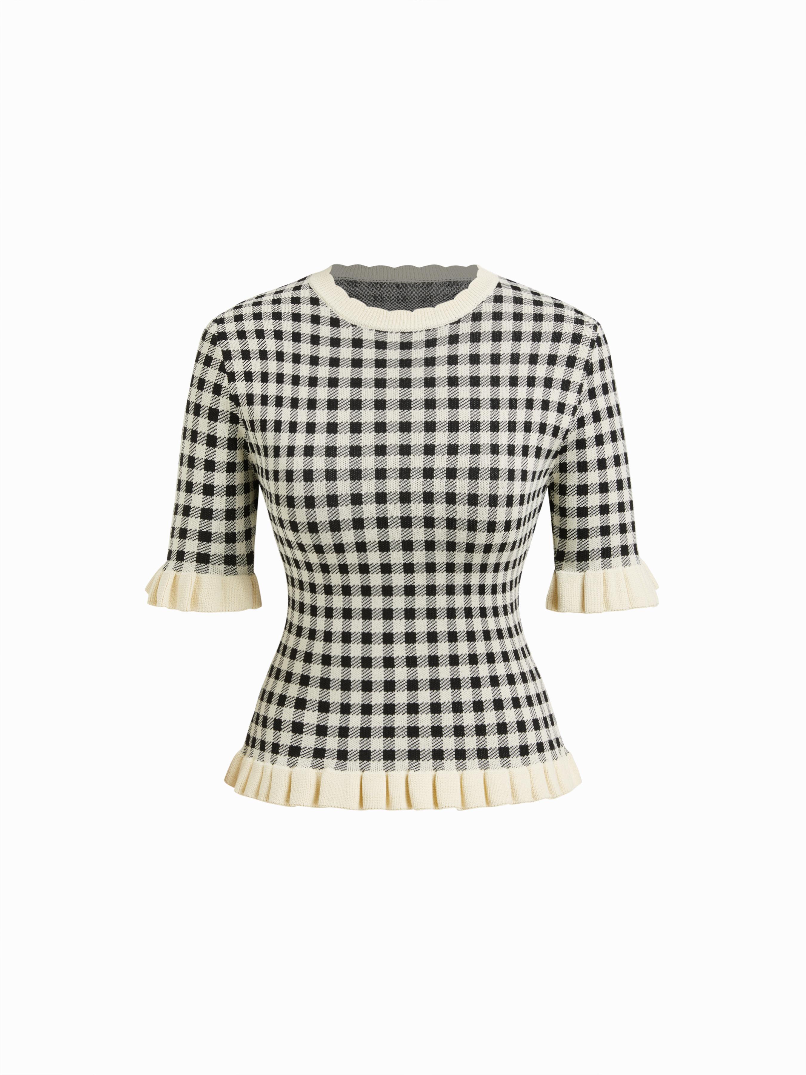 Knit Round Neckline Gingham Contrasting Binding Ruffled Top by CIDER