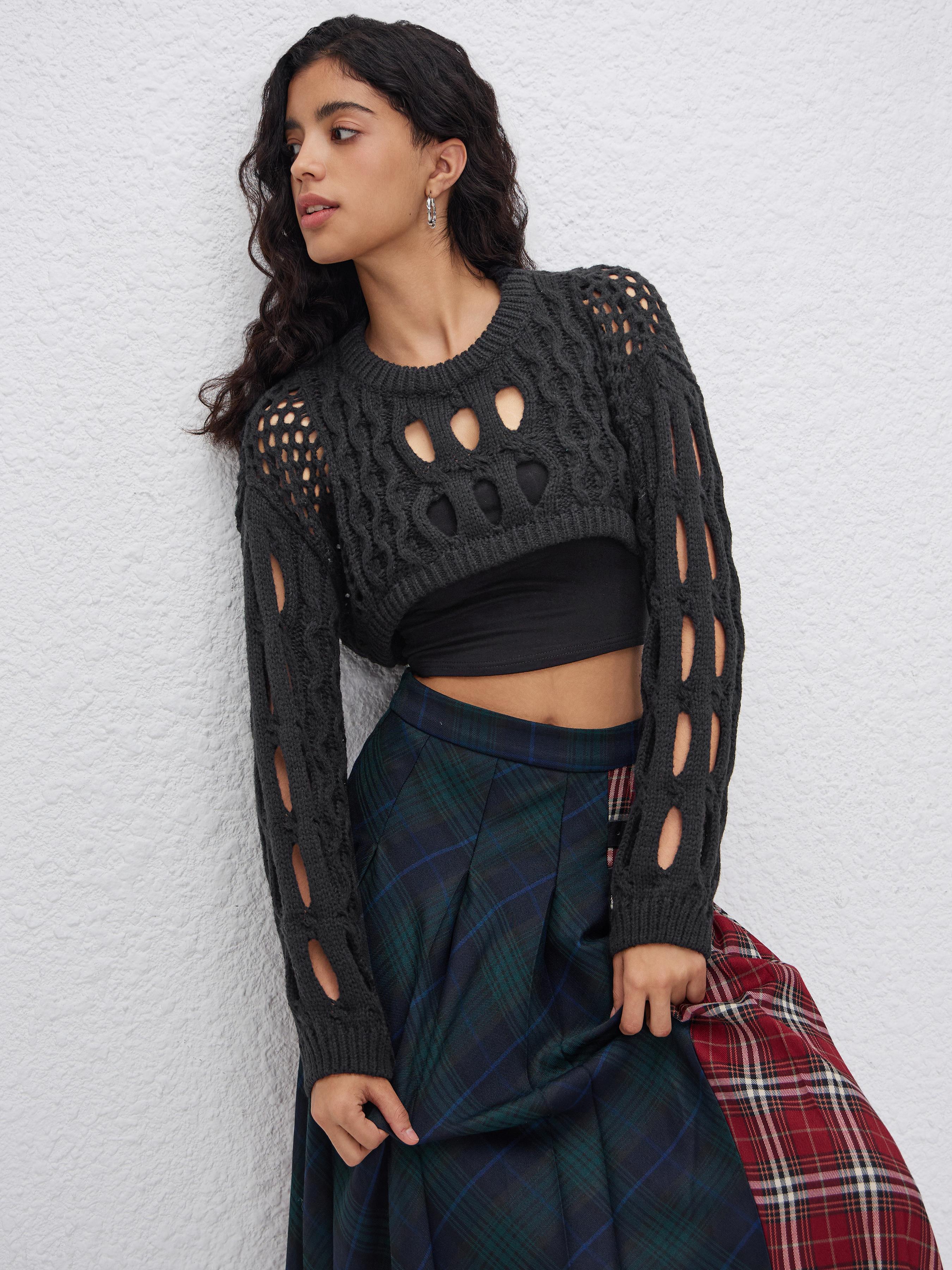 Knit Round Neckline Hollow Out Long Sleeve Crop Top by CIDER
