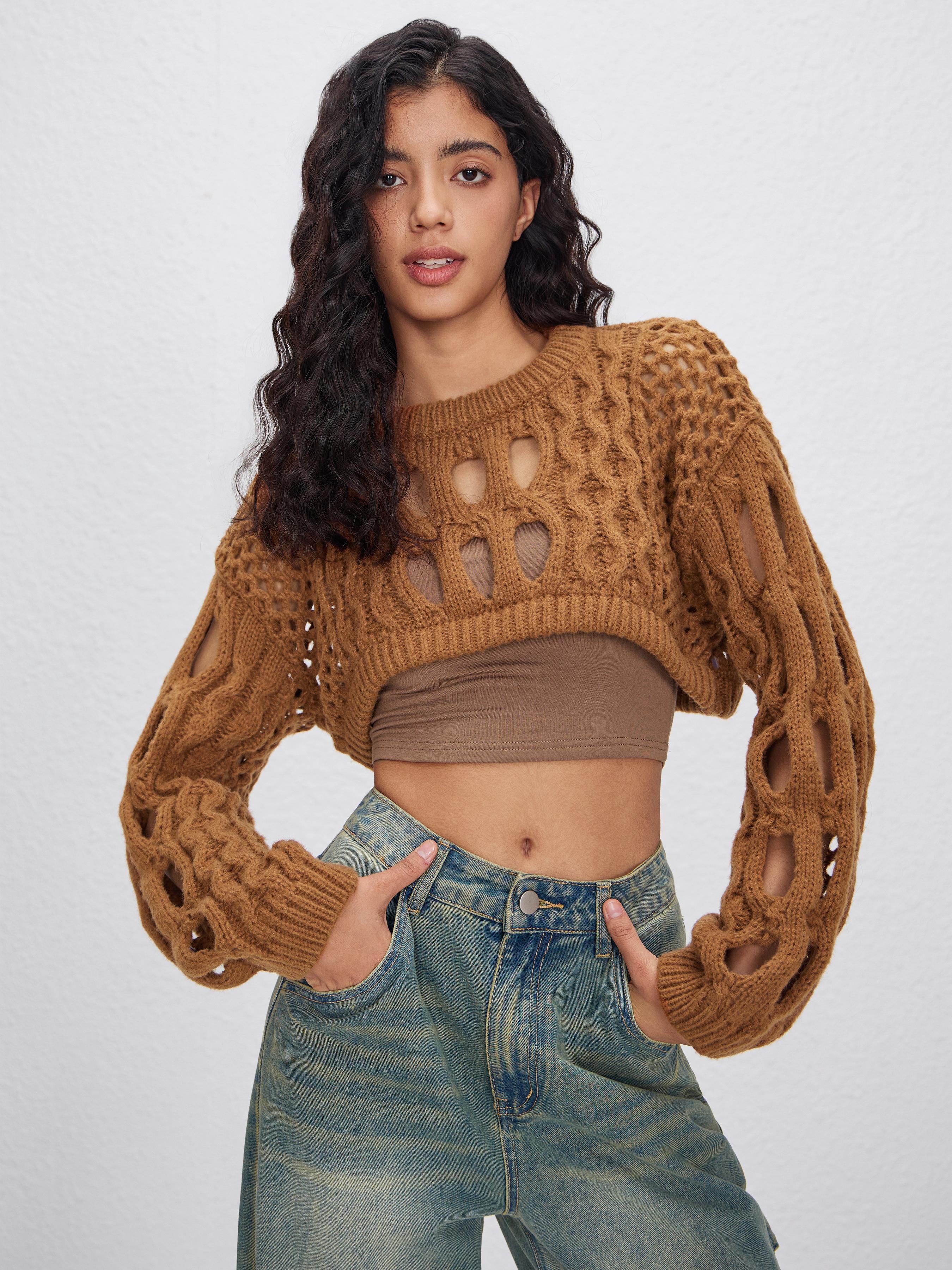 Knit Round Neckline Hollow Out Long Sleeve Crop Top by CIDER