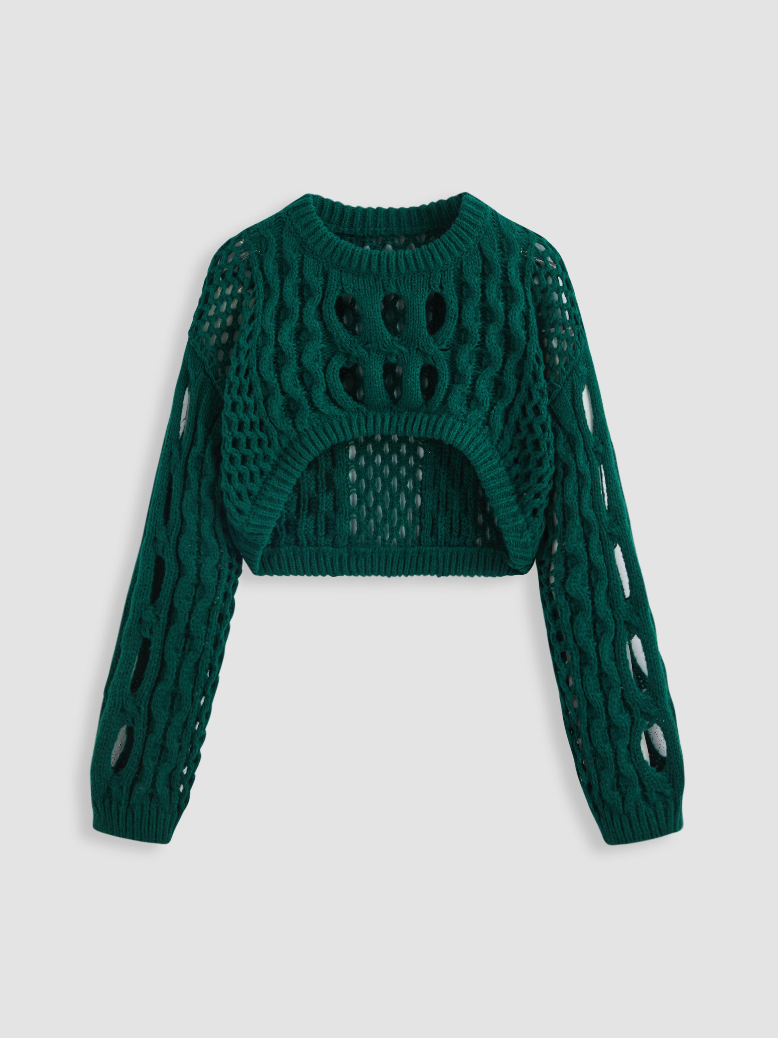 Knit Round Neckline Hollow Out Long Sleeve Crop Top by CIDER