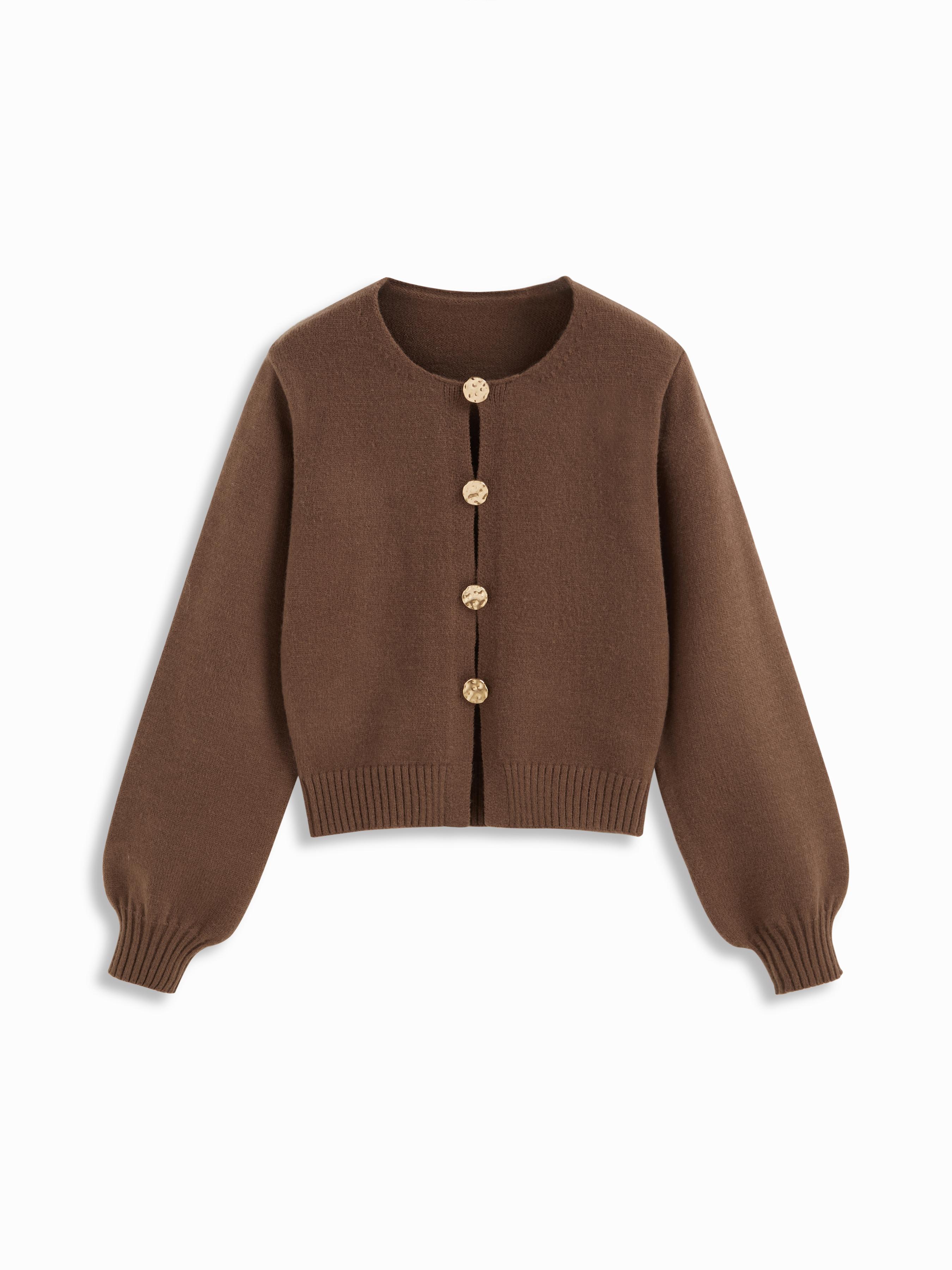 Knit Round Neckline Lantern Long Sleeve Metal Button Sweater by CIDER