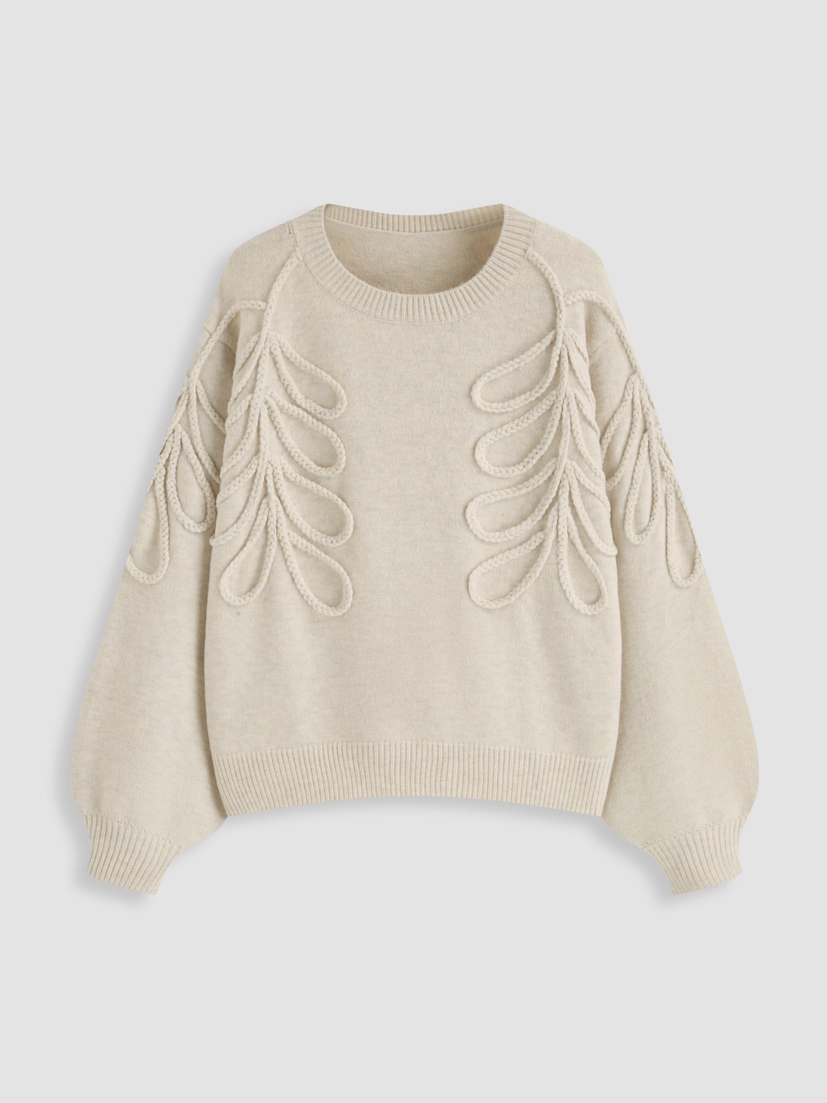 Knit Round Neckline Leaf Braid Oversized Sweater by CIDER