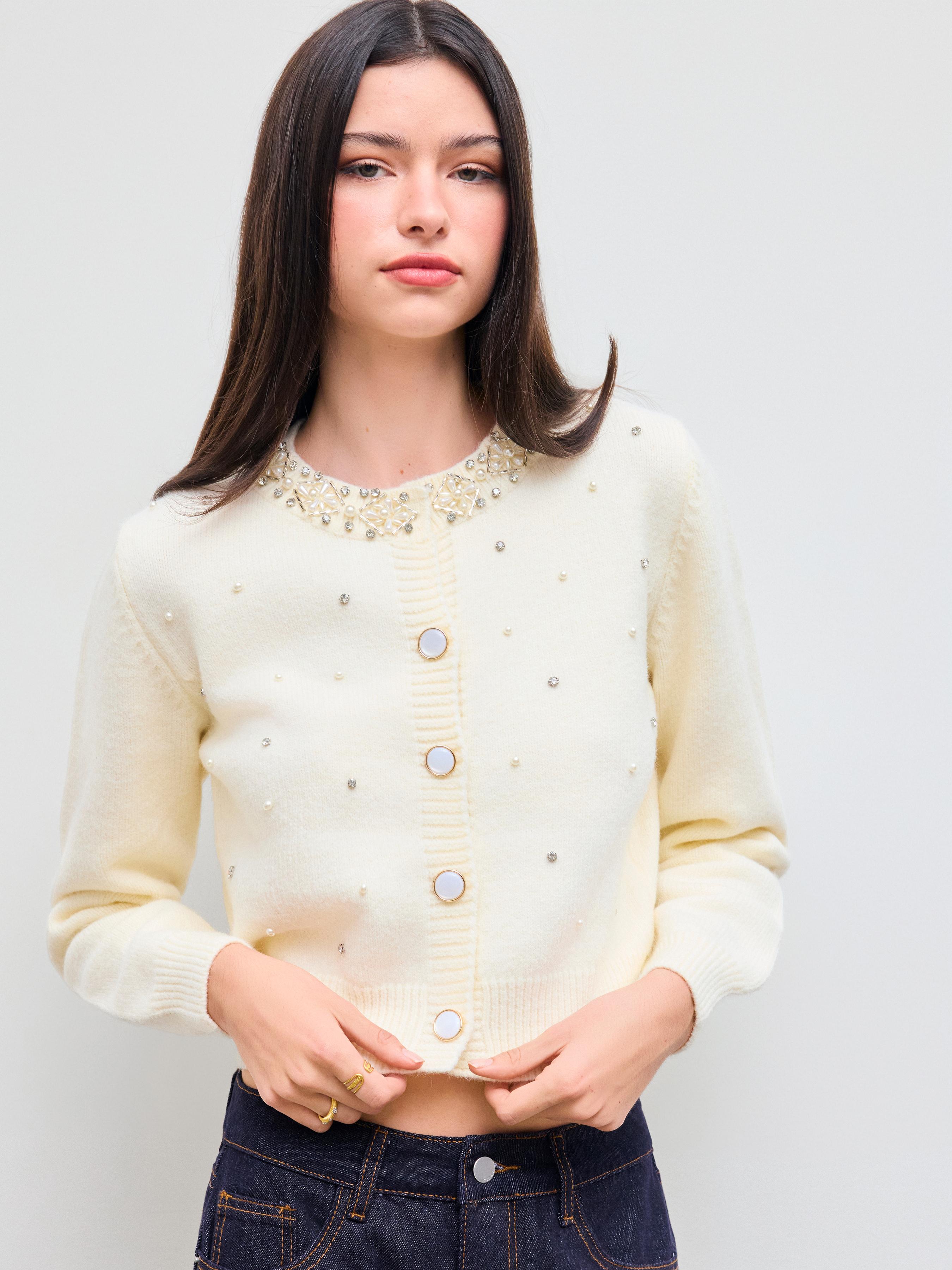 Knit Round Neckline Pearl & Rhinestone Detail Top by CIDER
