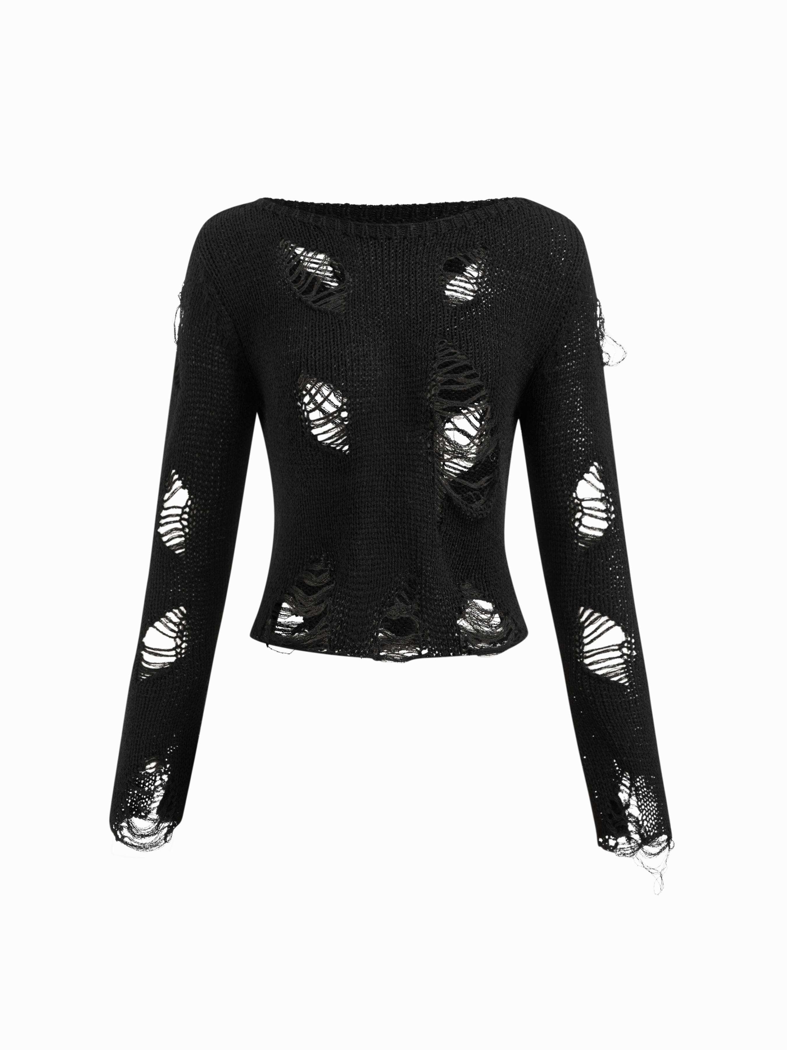 Knit Round Neckline Ripped See-through Top by CIDER
