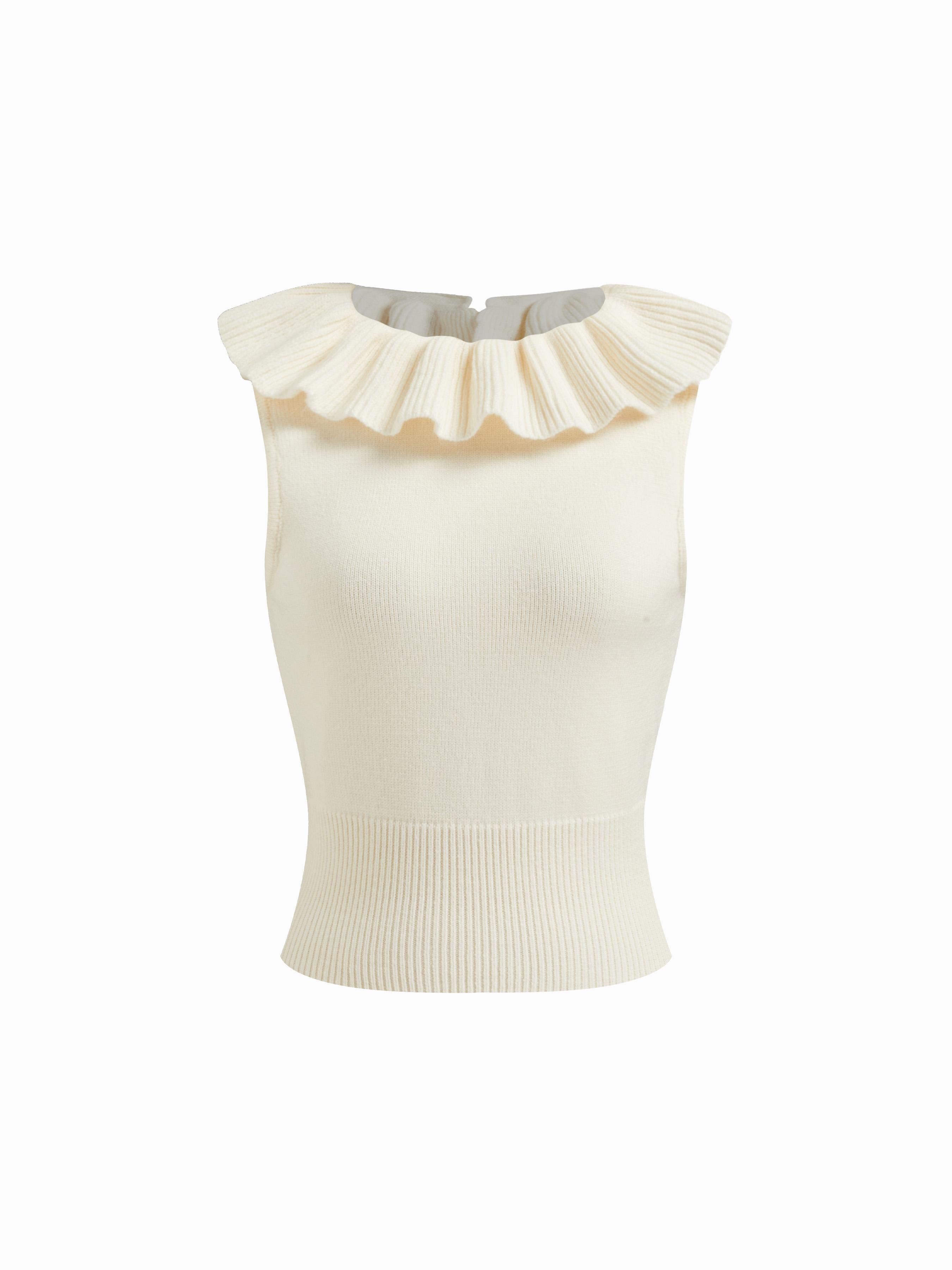 Knit Round Neckline Ruffle Trim Knotted Backless Tank Top by CIDER