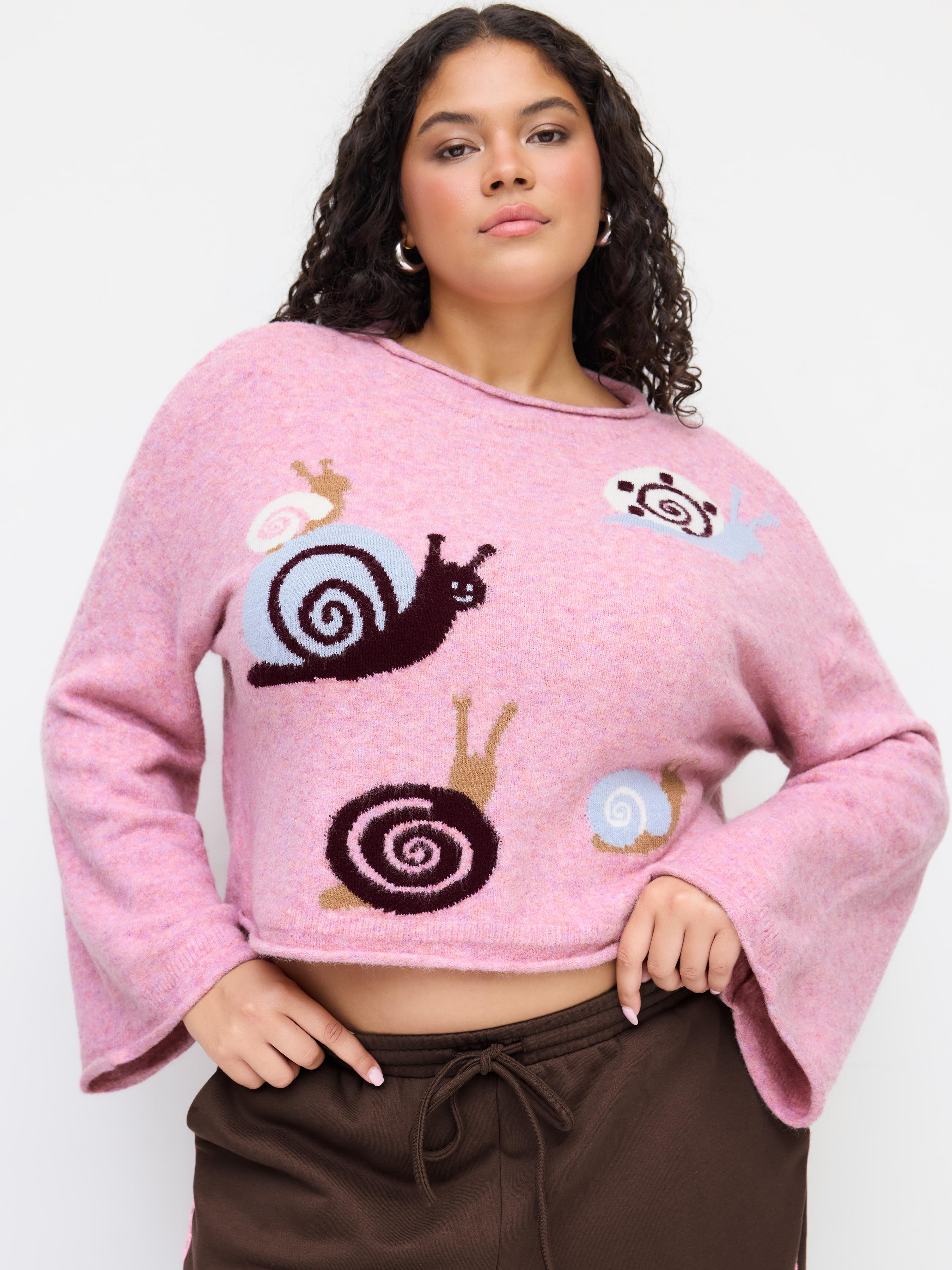 Knit Round Neckline Snail Bell Sleeve Oversized Top Curve & Plus by CIDER