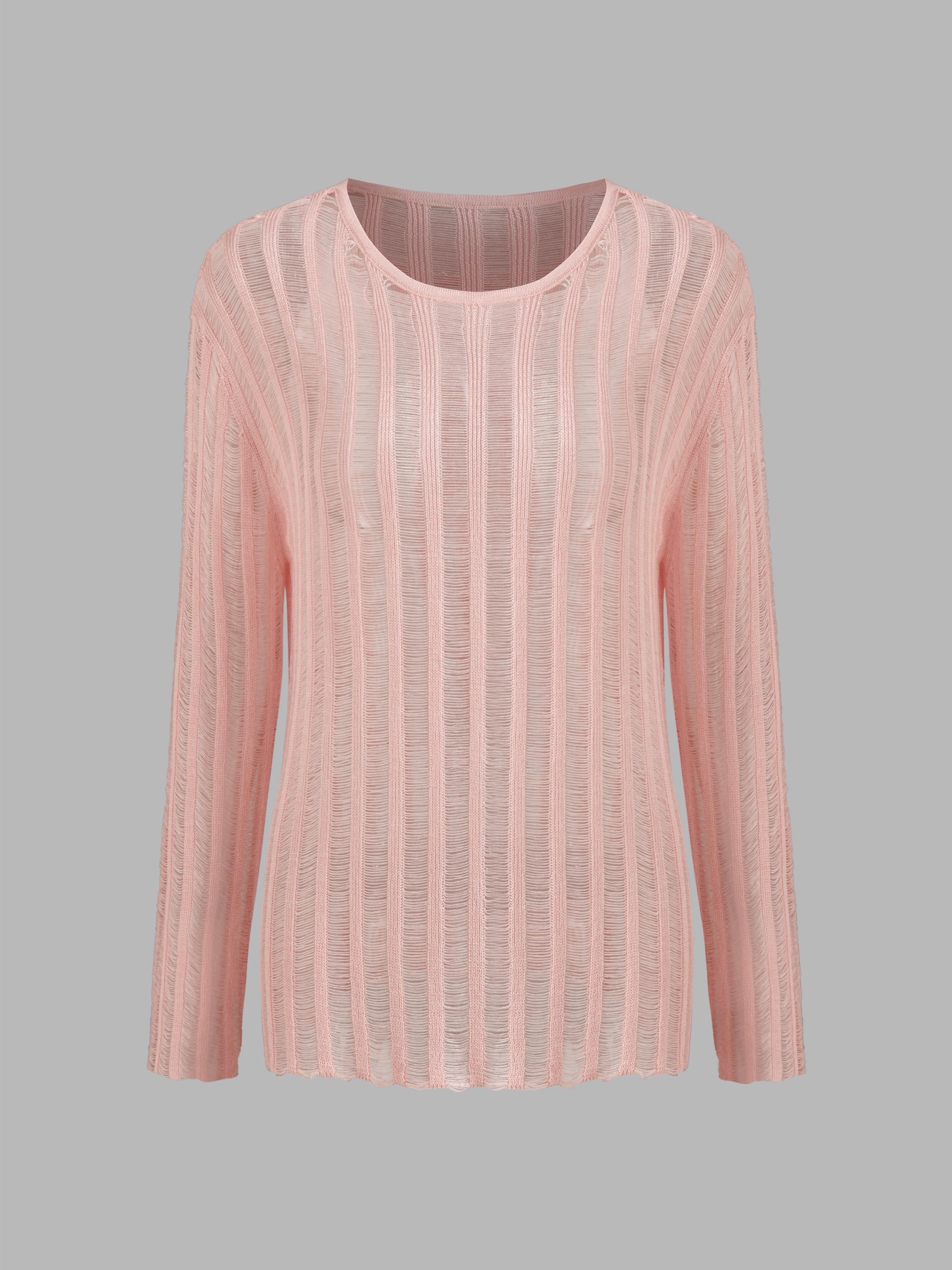 Knit Round Neckline Solid See-through Striped Long Sleeve Top by CIDER