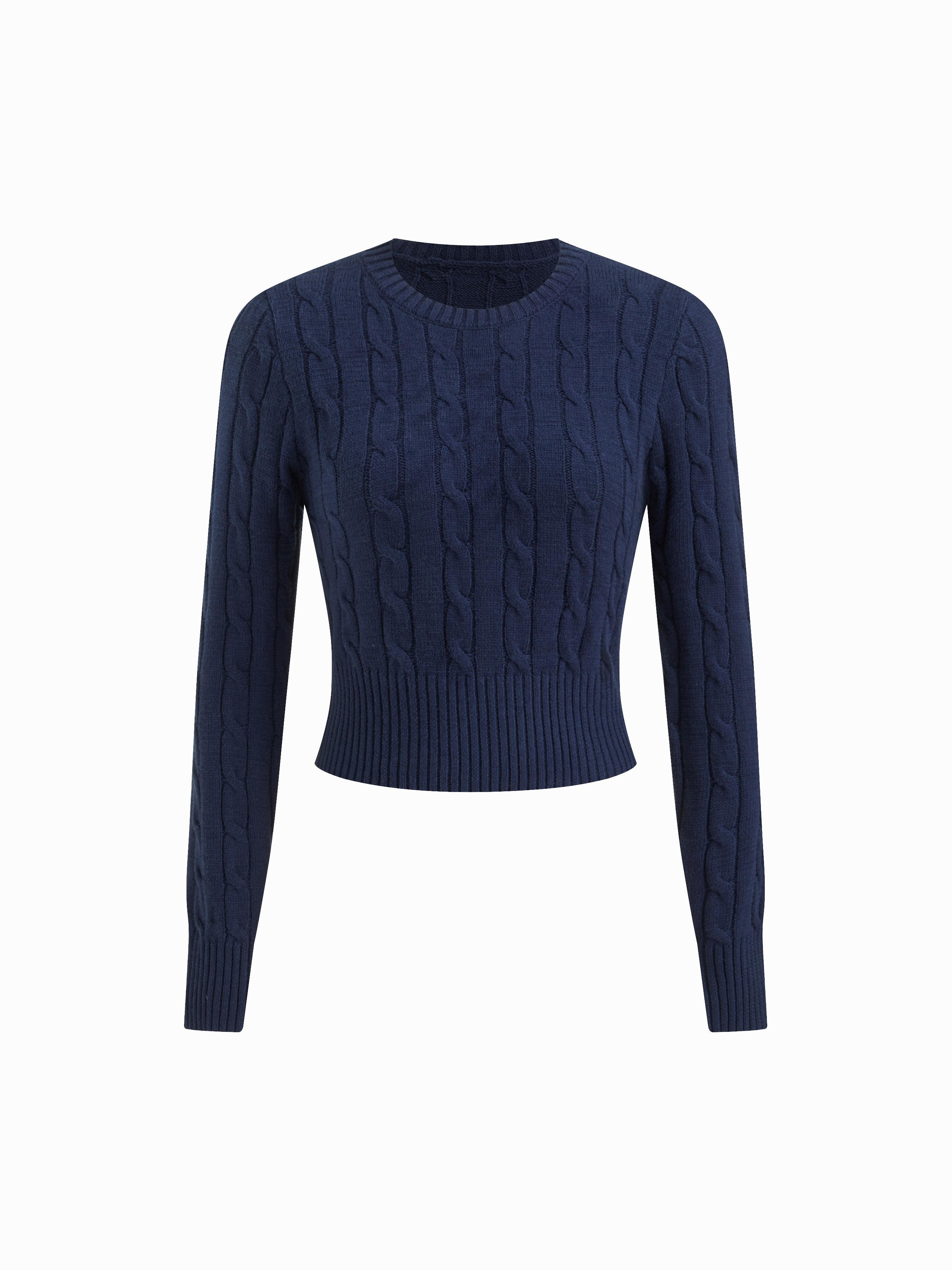 Knit Round Neckline Solid Texture Crop Long Sleeve Top by CIDER
