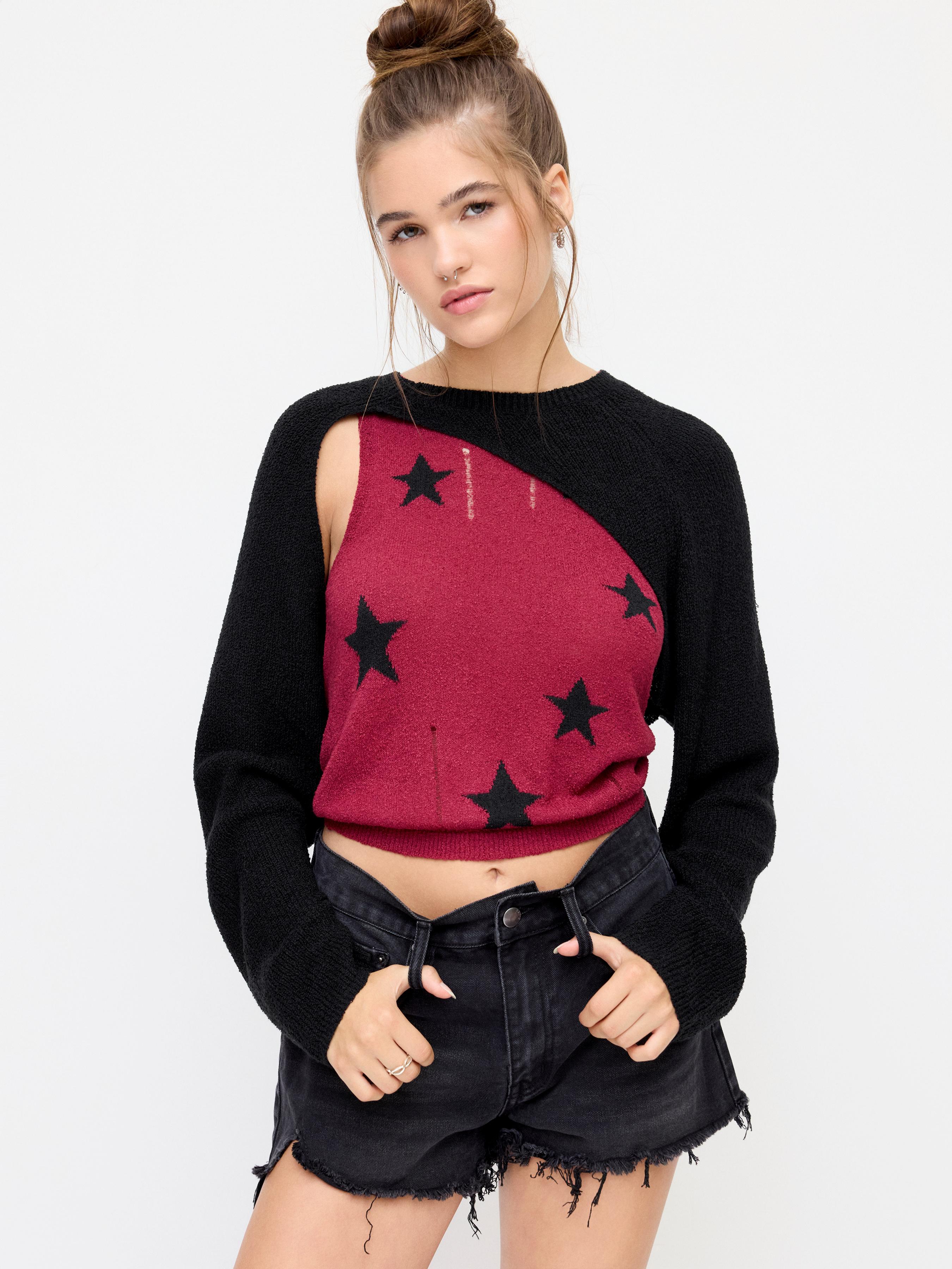 Knit Round Neckline Star Ripped Tank Top & Asymmetrical Shrug Set by CIDER