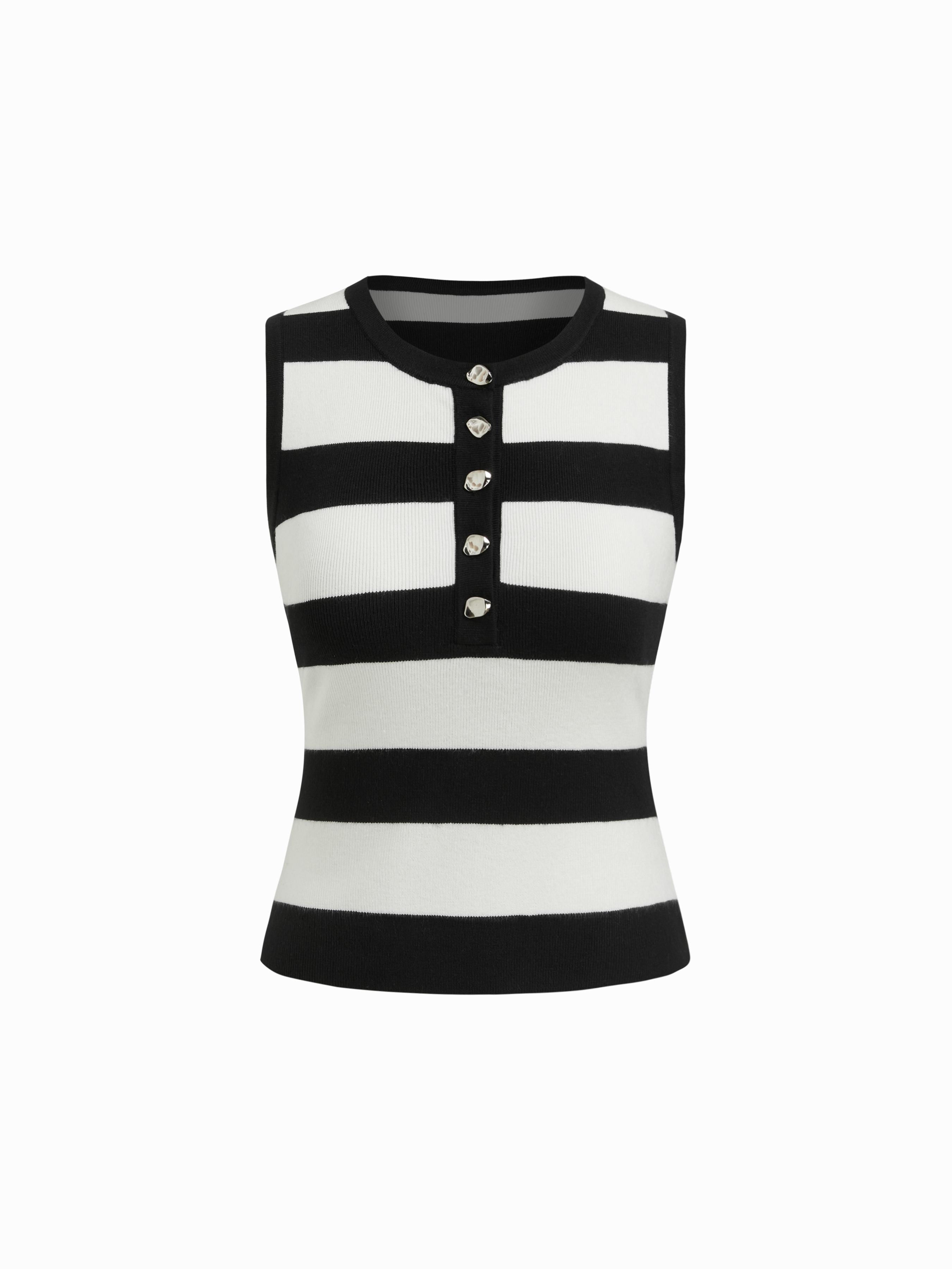 Knit Round Neckline Stripe Metal Button Tank Top by CIDER