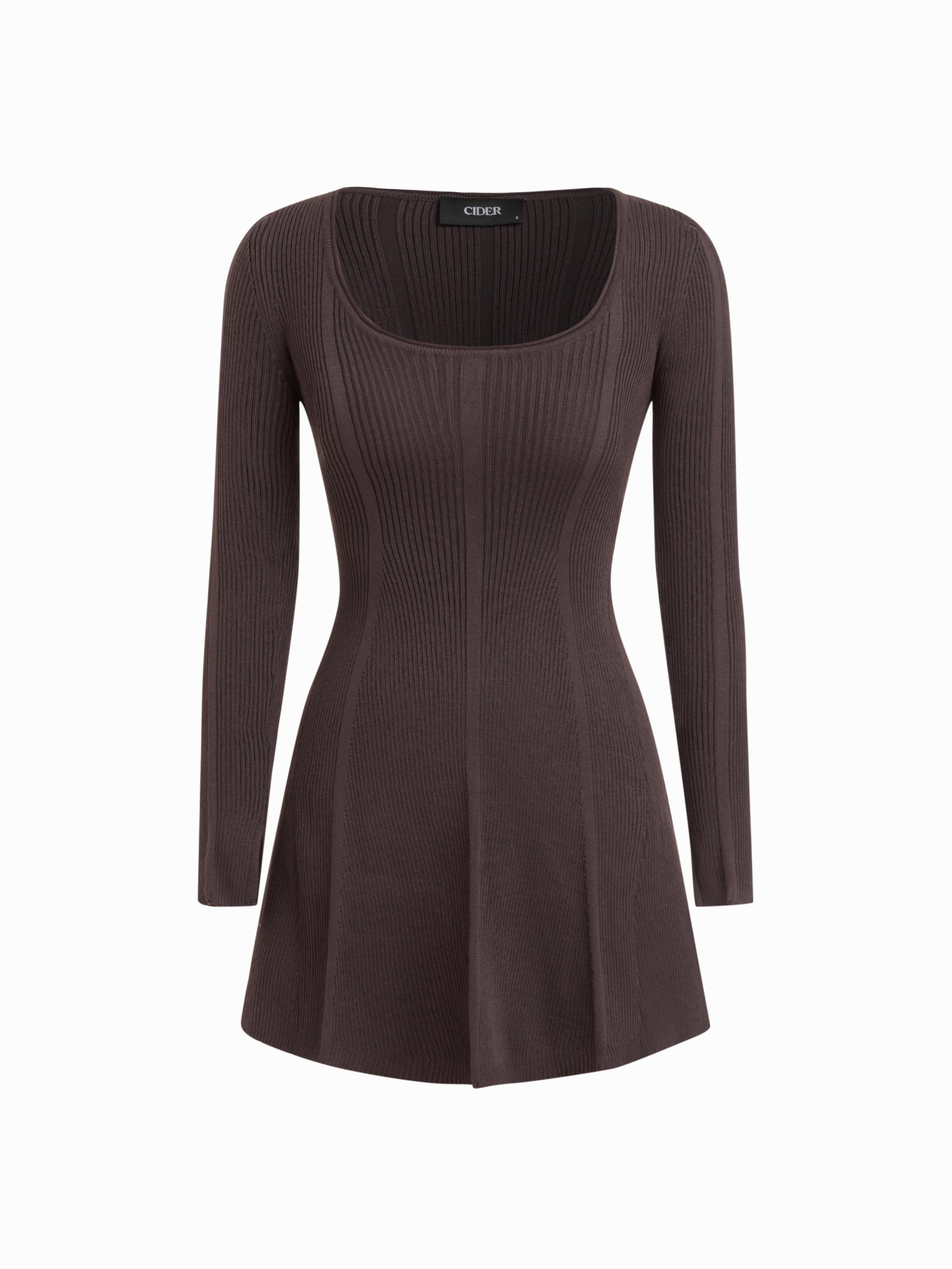 Knit Scoop Neckline Long Sleeve A-line Mini Dress by CIDER