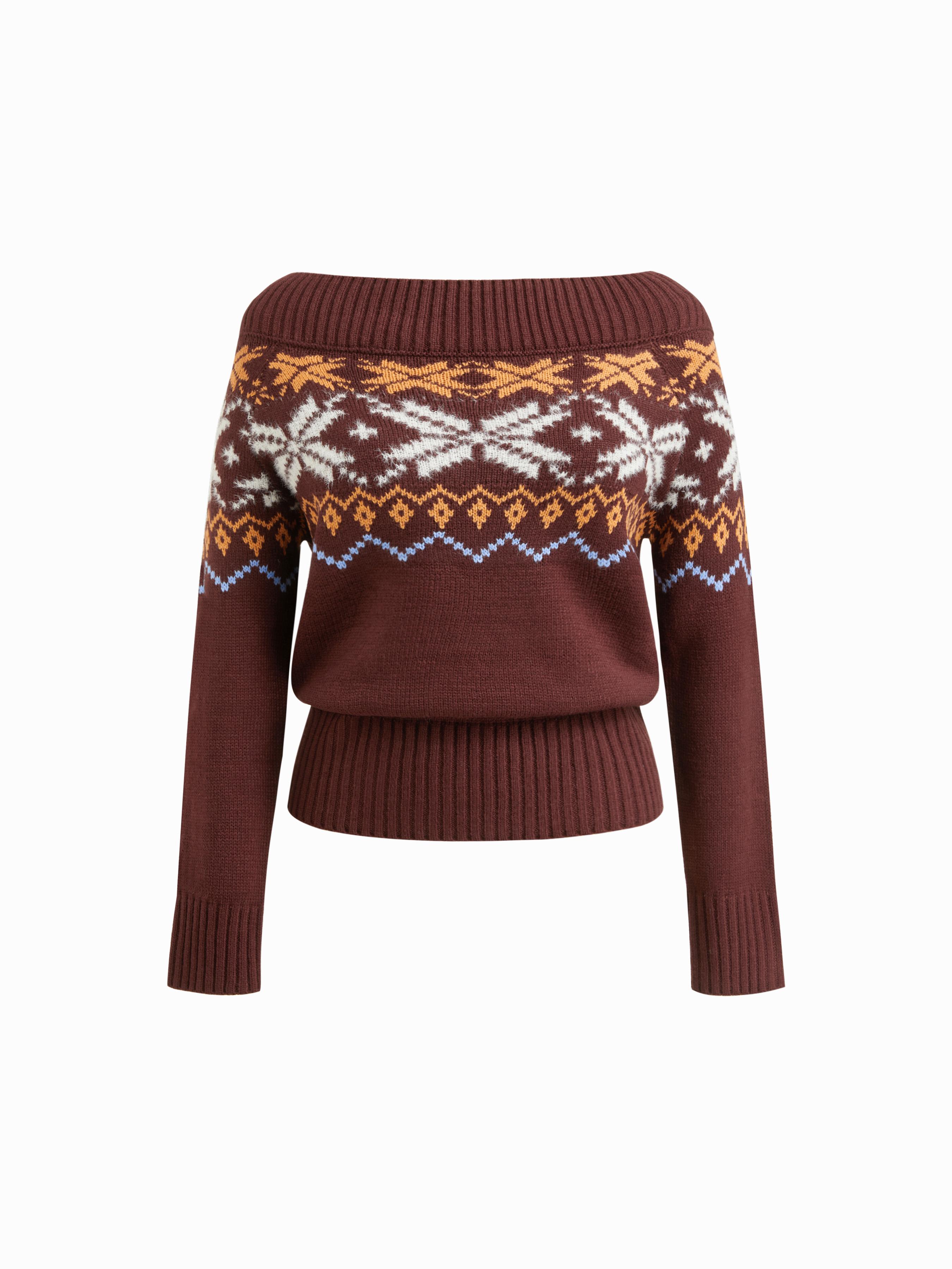 Knit Snowflake Fair Isle Off-shoulder Cinched Waist Sweater by CIDER