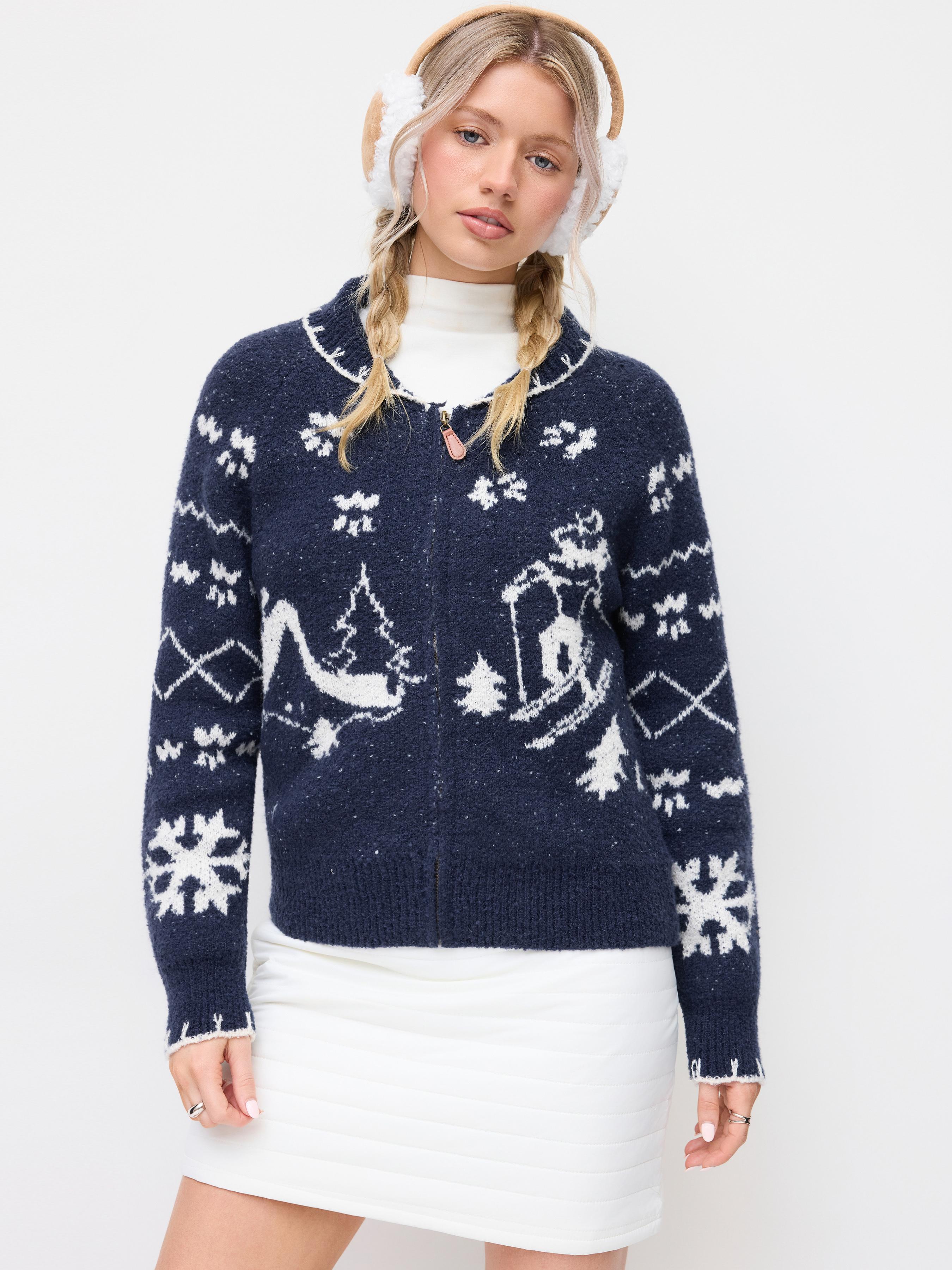 Knit Snowflake Graphic Contrasting Binding Zip Through Oversized Cardigan by CIDER