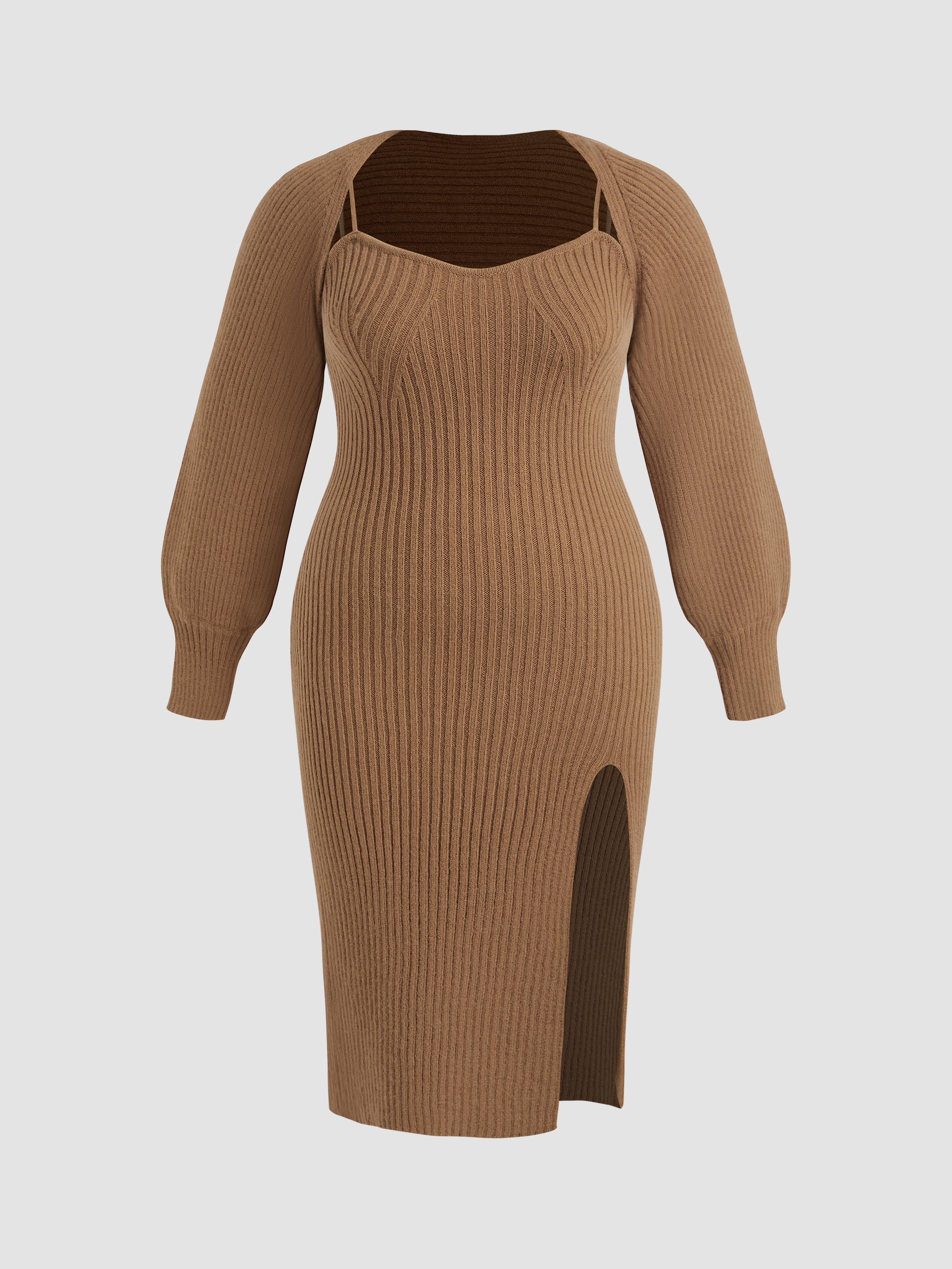 Knit Solid Cami Split Midi Dress & Crop Top Curve & Plus by CIDER