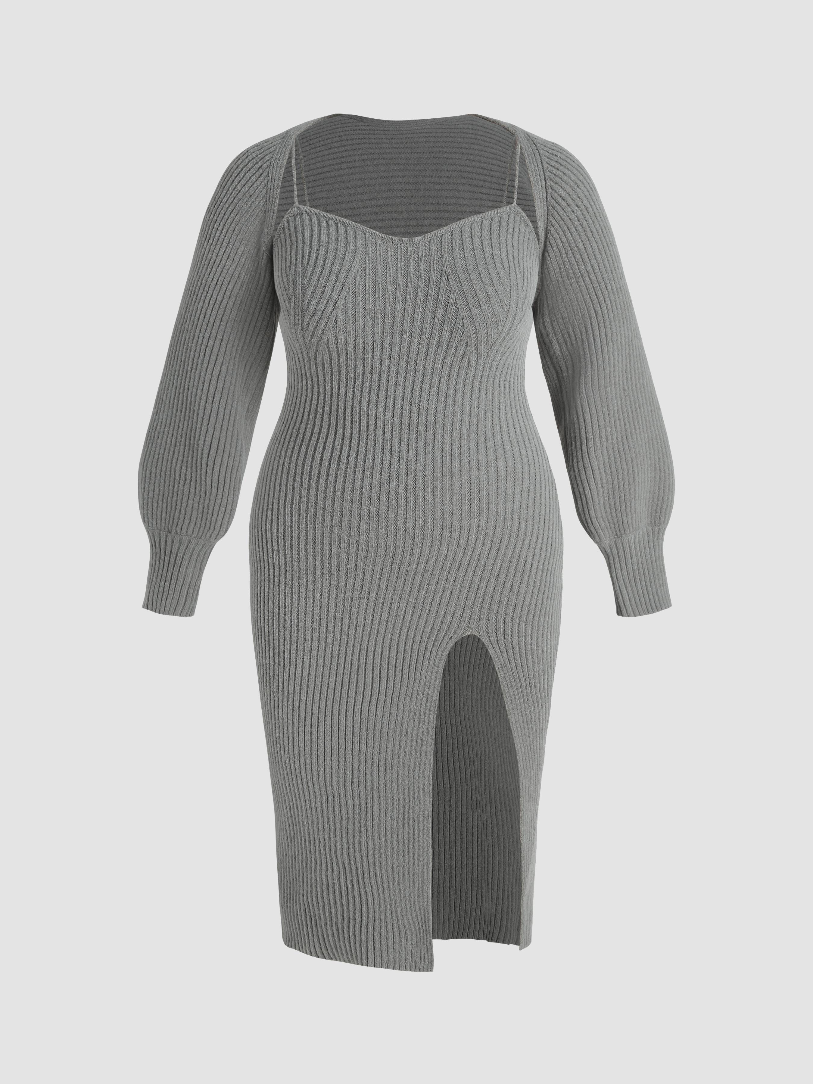 Knit Solid Cami Split Midi Dress & Crop Top Curve & Plus by CIDER