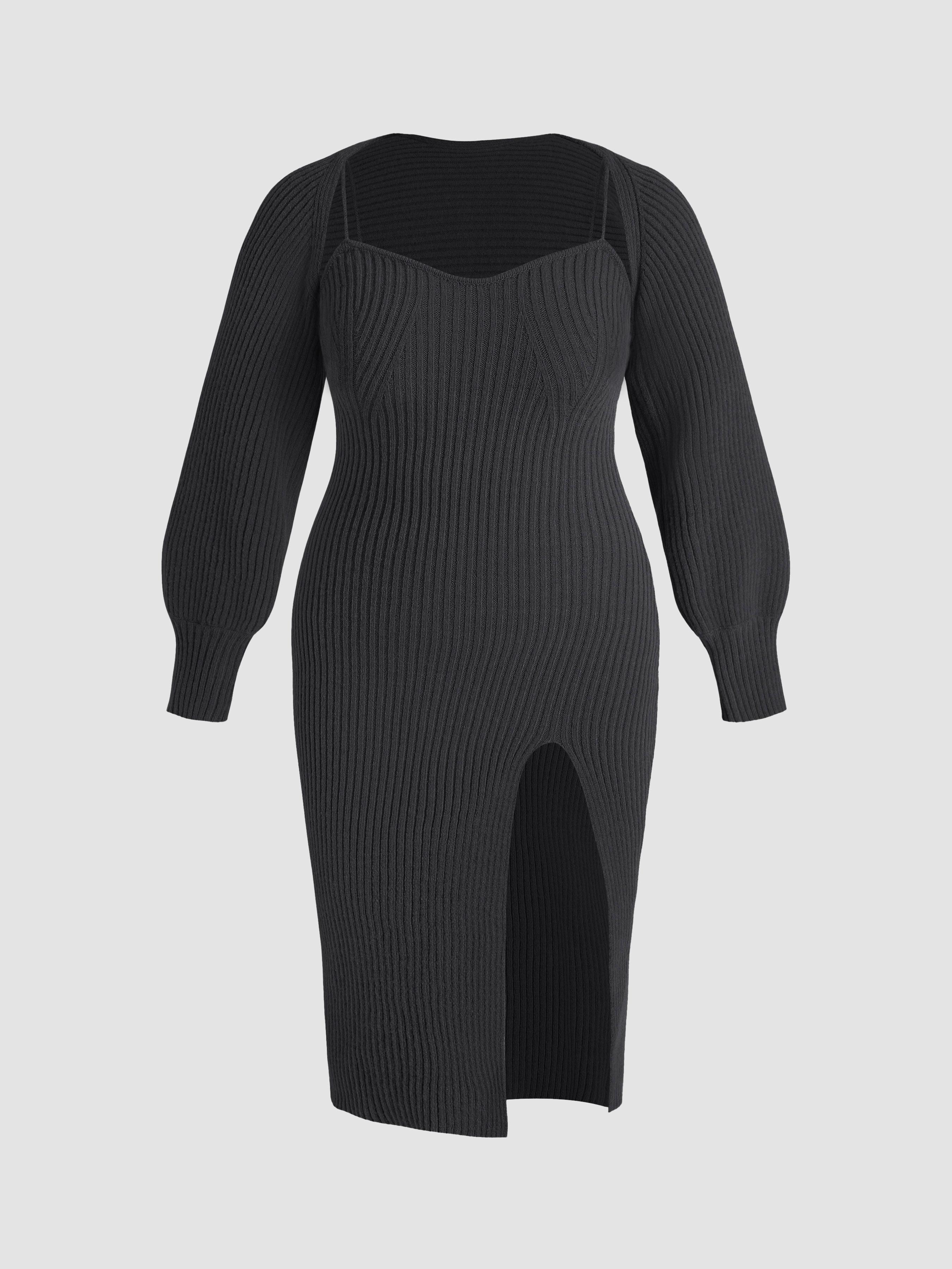 Knit Solid Cami Split Midi Dress & Crop Top Curve & Plus by CIDER