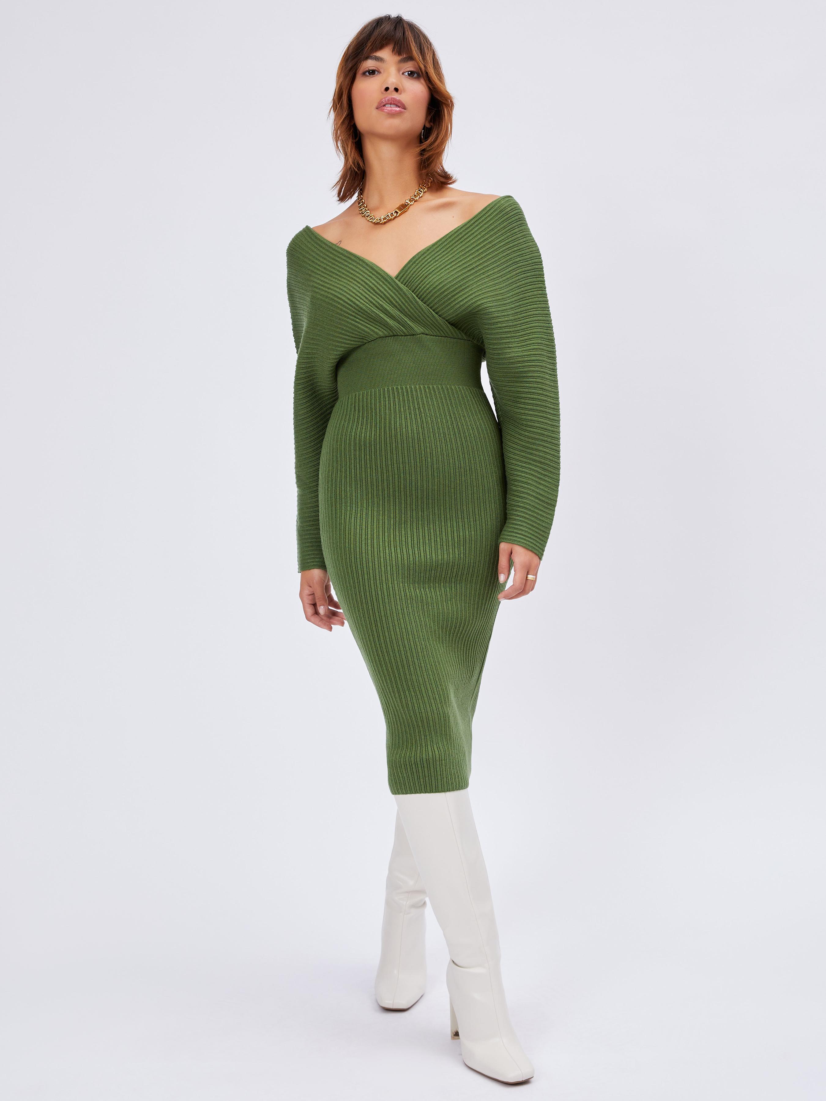 Knit Solid V-neck Midi Dress by CIDER