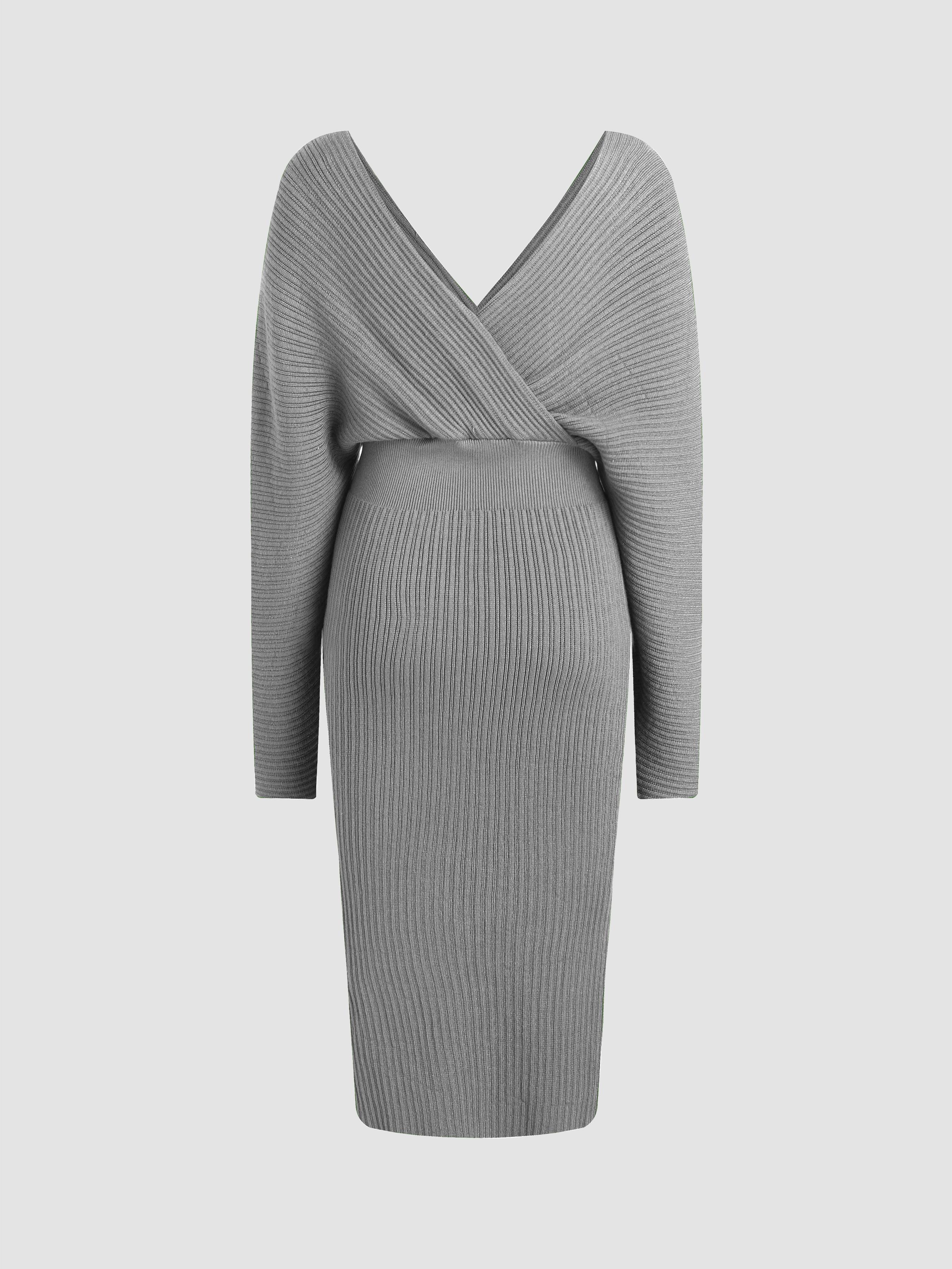 Knit Solid V-neck Midi Dress by CIDER