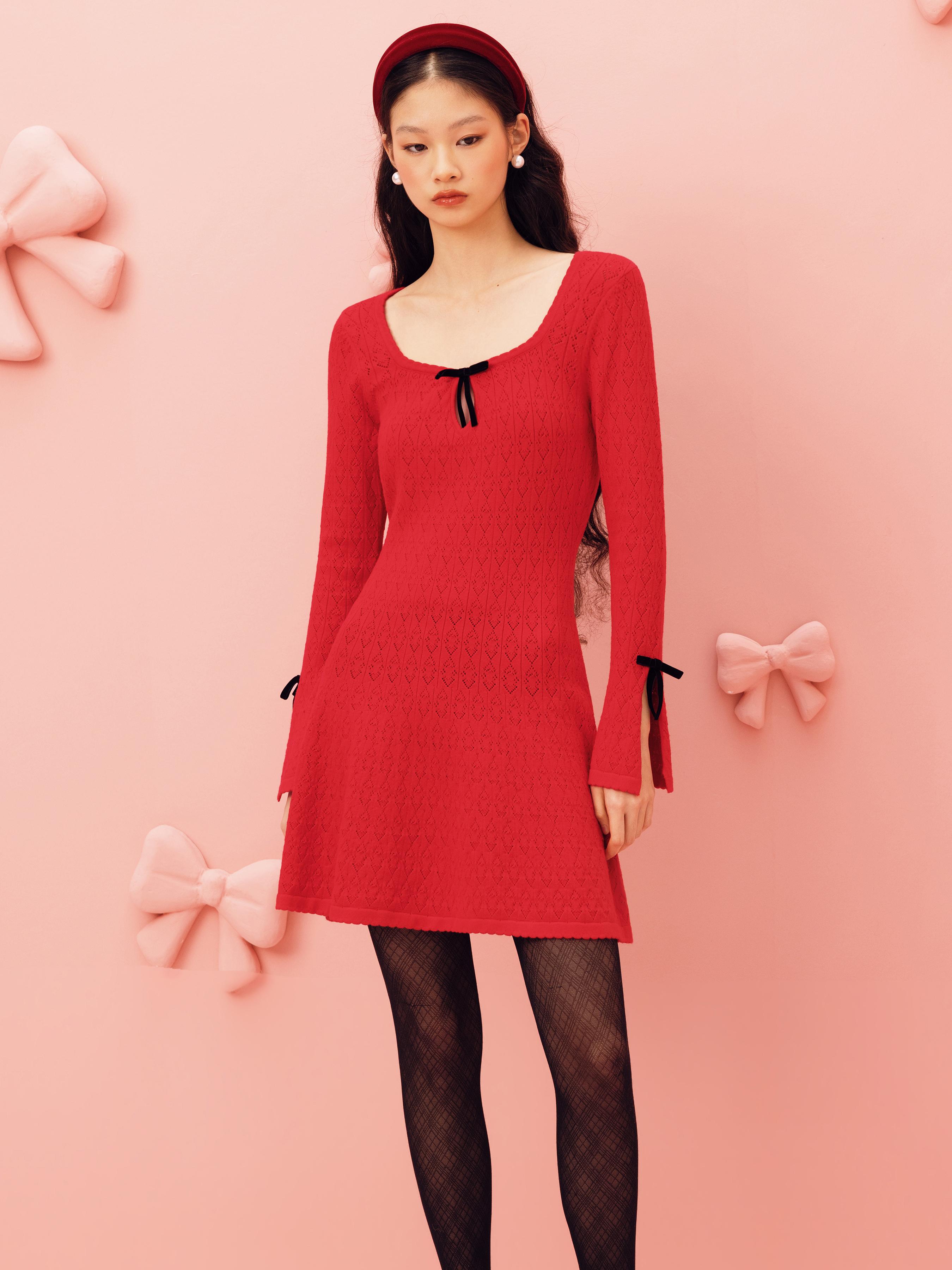 Knit Square Neck Bell Sleeve Bowknot Mini Dress by CIDER