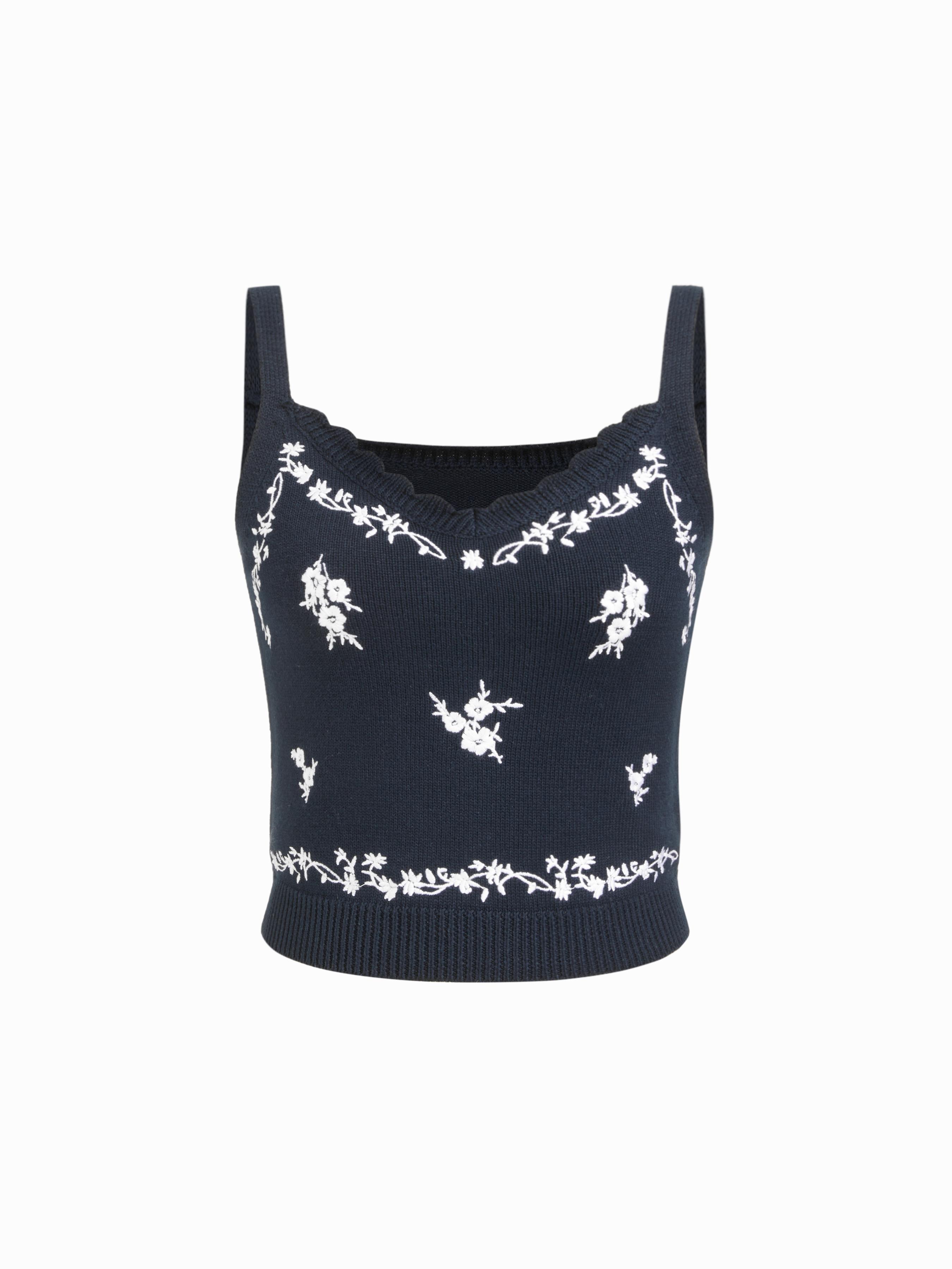 Knit Square Neck Floral Embroidery Top by CIDER