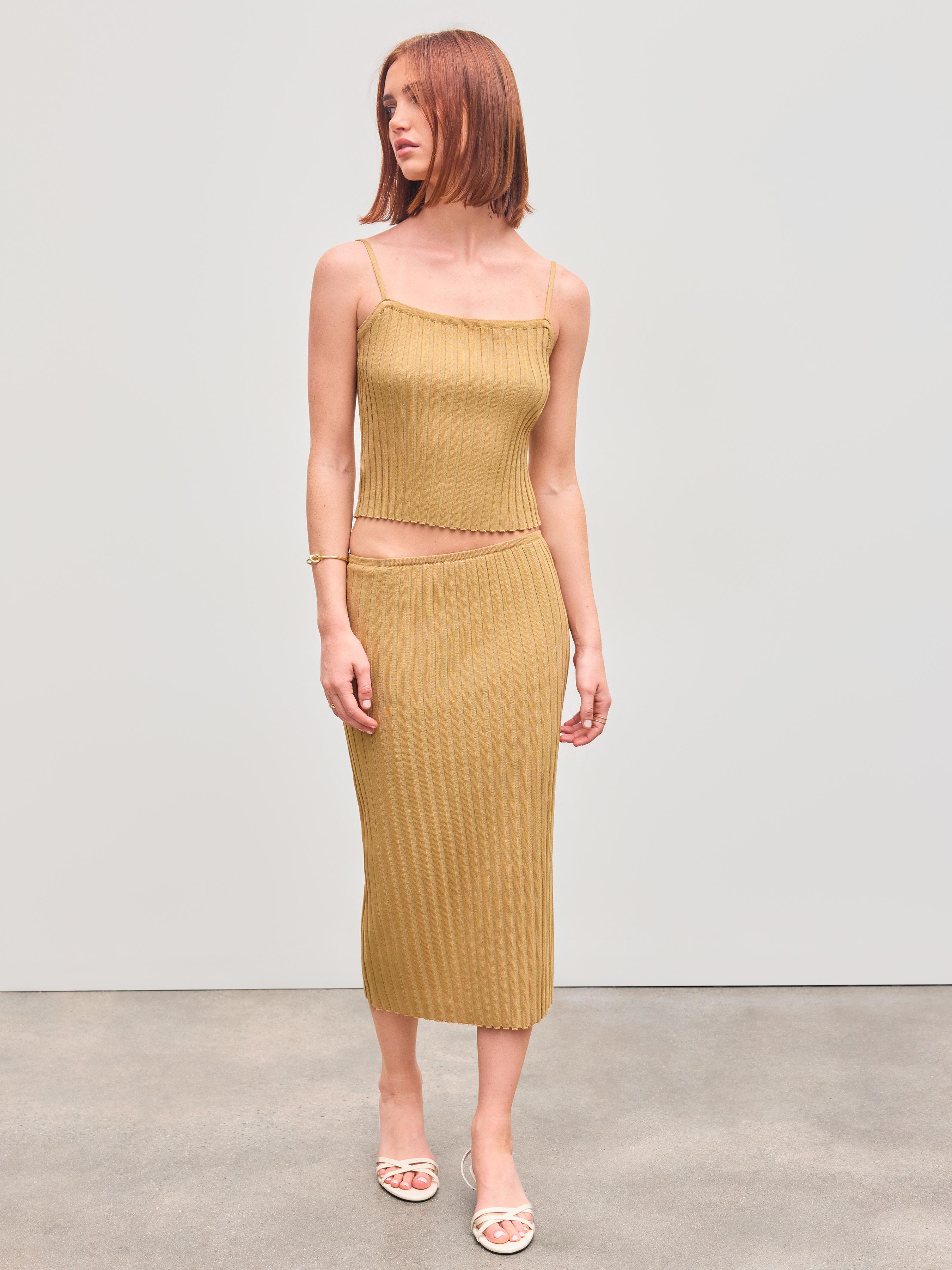 Knit Square Neck Solid Cami Top With Knit Mid Rise Solid Midi Skirt by CIDER