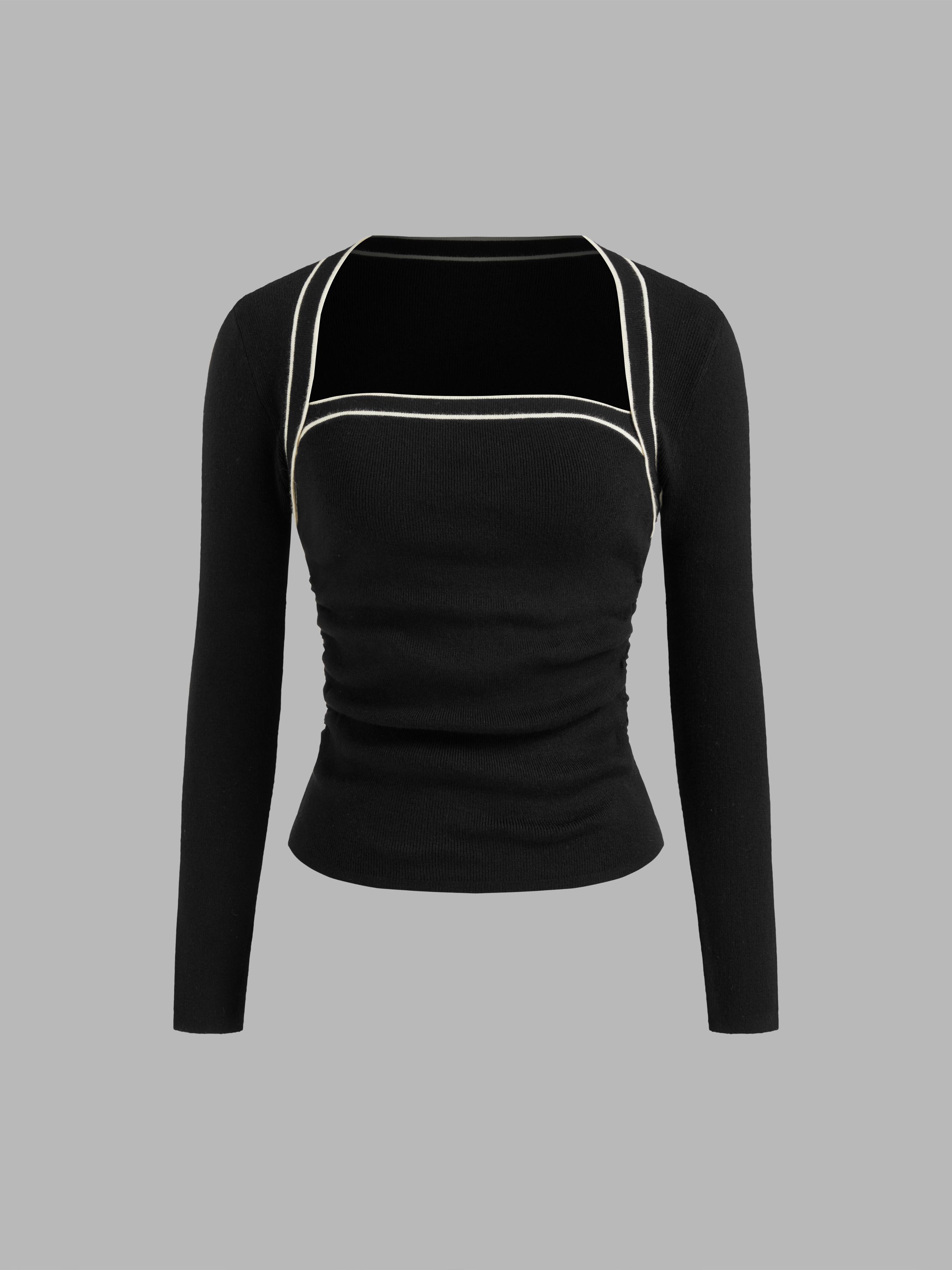 Knit Square Neck Solid Contrasting Binding Ruched Long Sleeve Top by CIDER