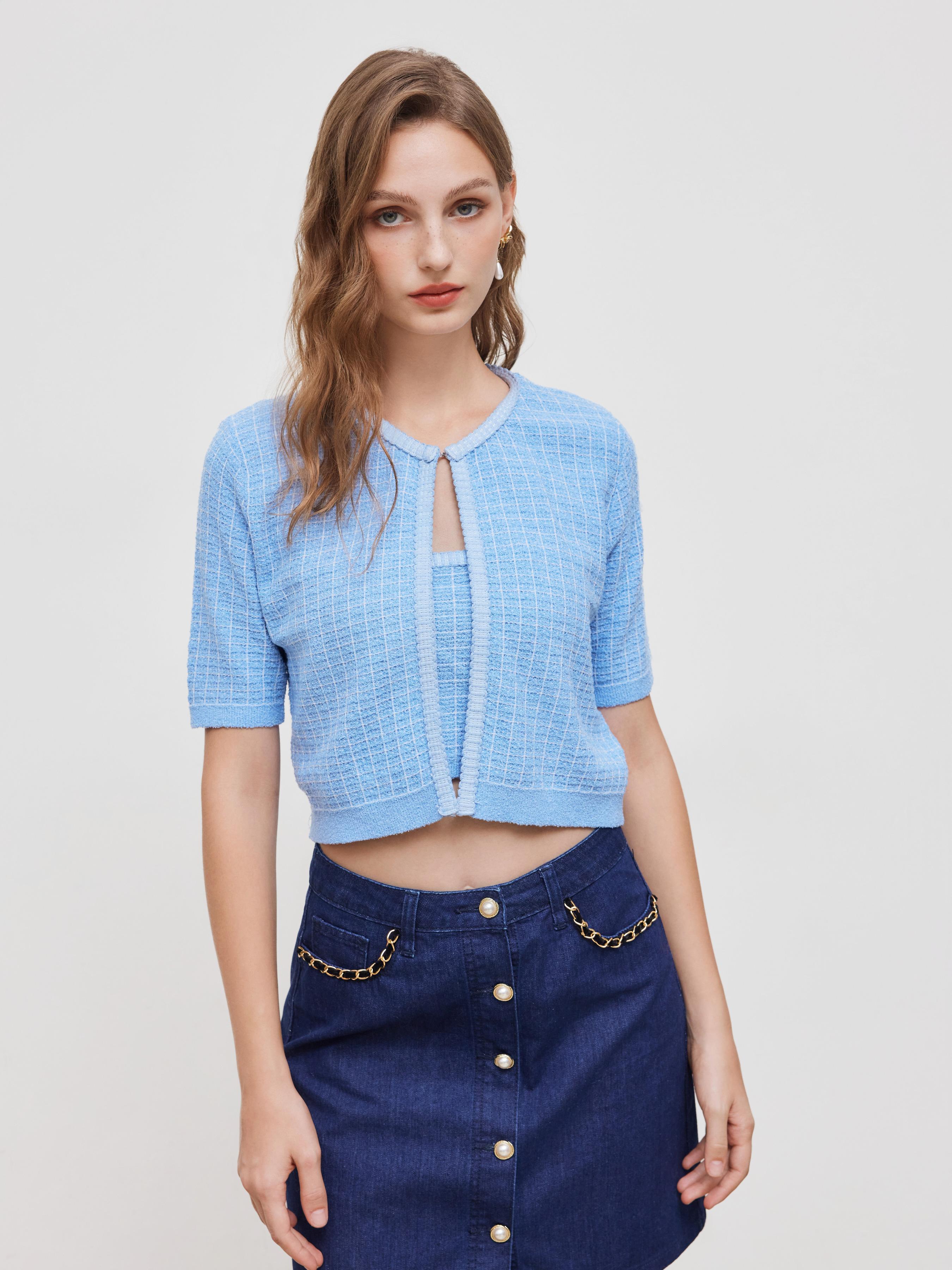 Knit Square Neckline Gingham Crop Cami Top & Round Neckline Short Sleeve Cardigan by CIDER