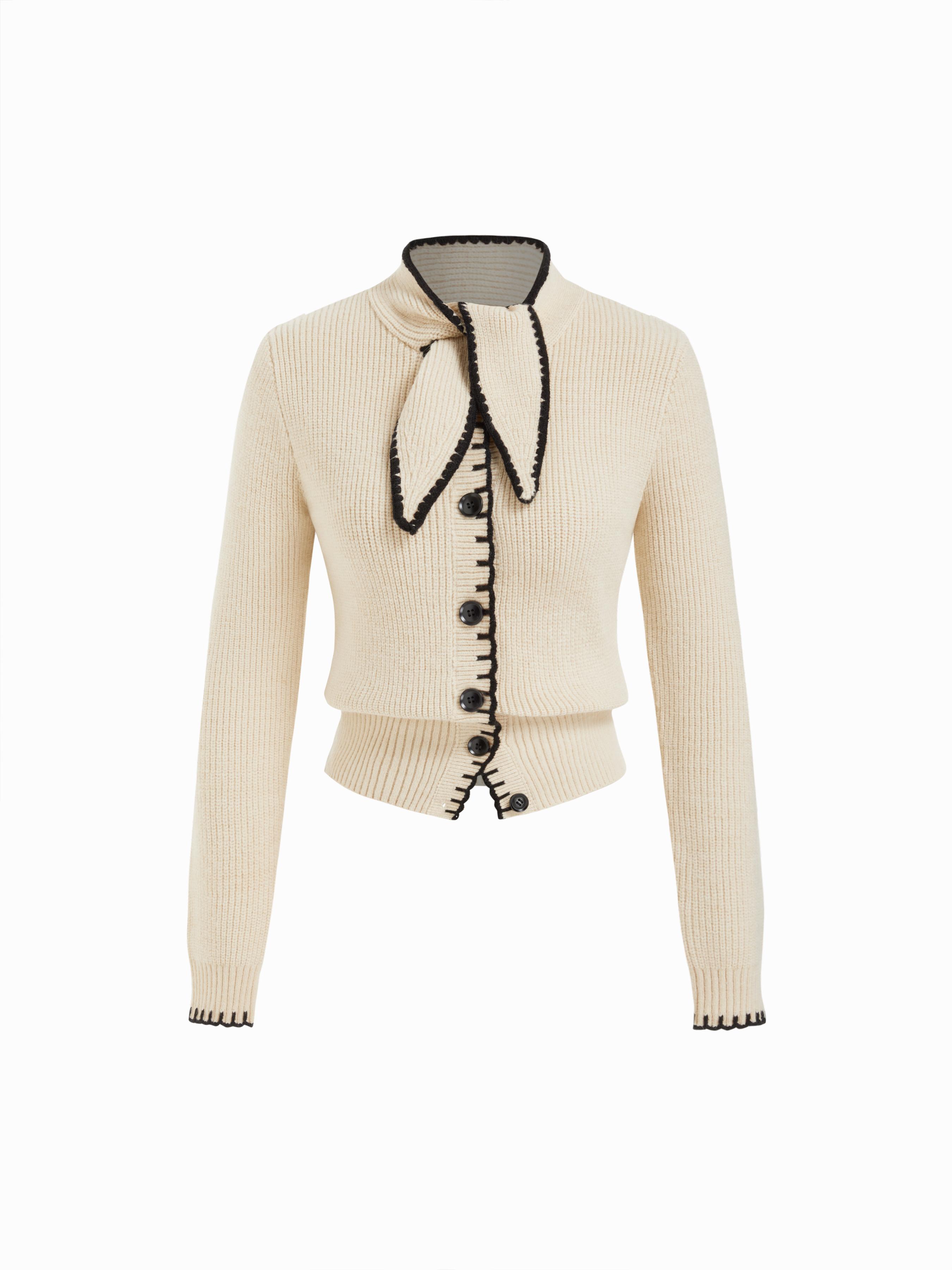 Knit Stand Collar Bowknot Contrasting Binding Long Sleeve Cardigan by CIDER