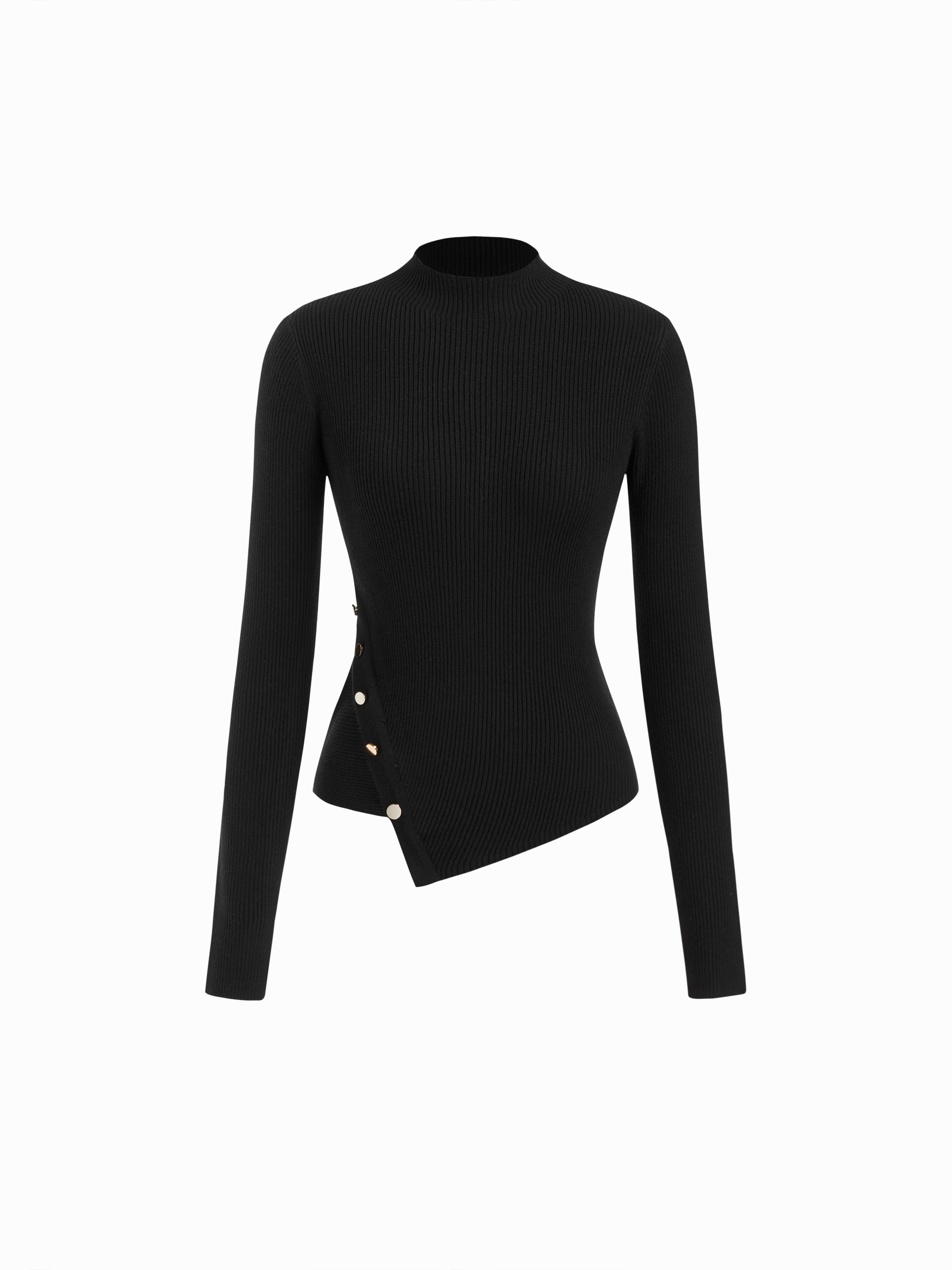 Knit Stand Collar Long Sleeve Metal Button Asymmetrical Top by CIDER