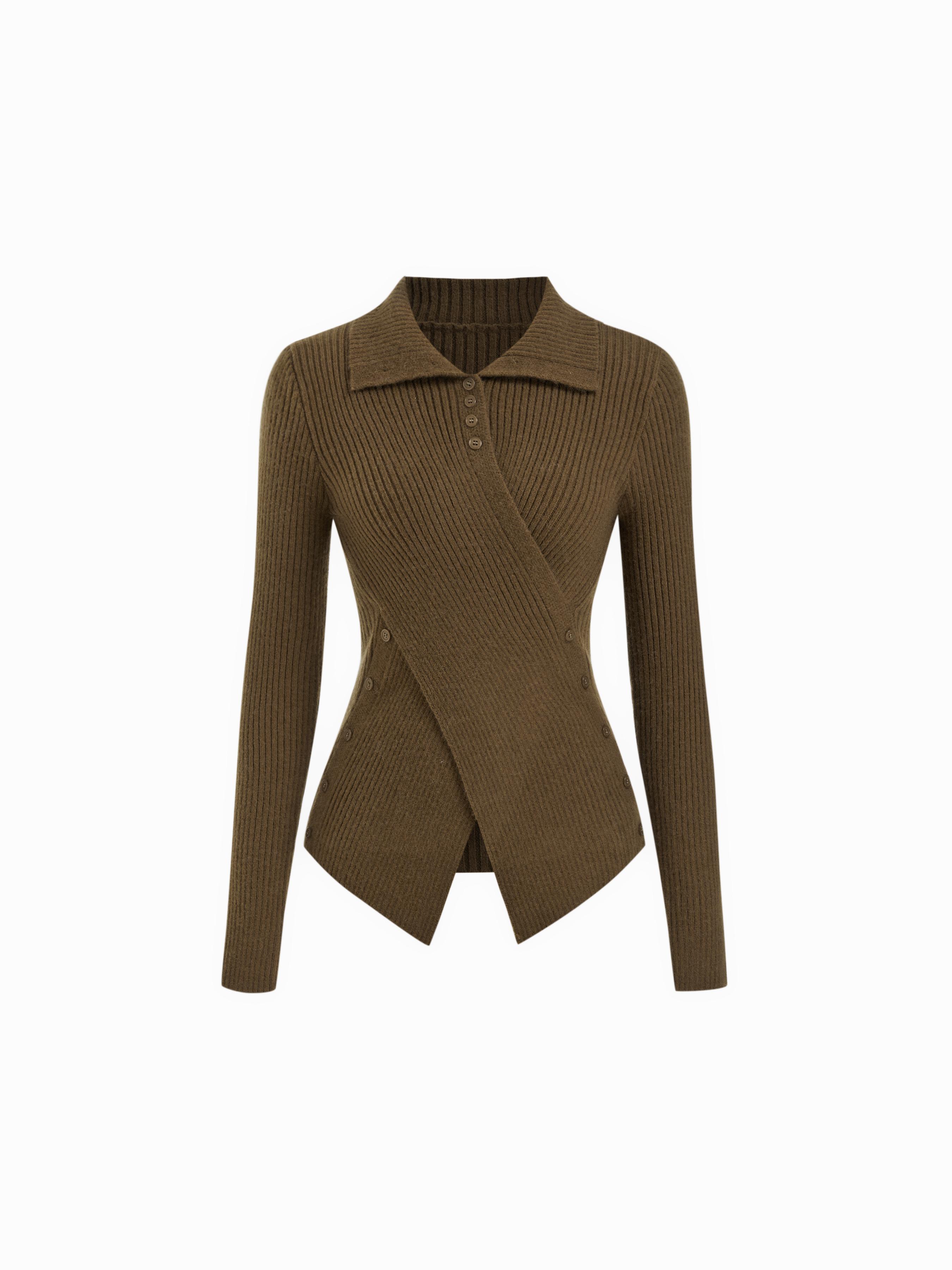 Knit Stand Collar Long Sleeve Wrap Split Button Top by CIDER