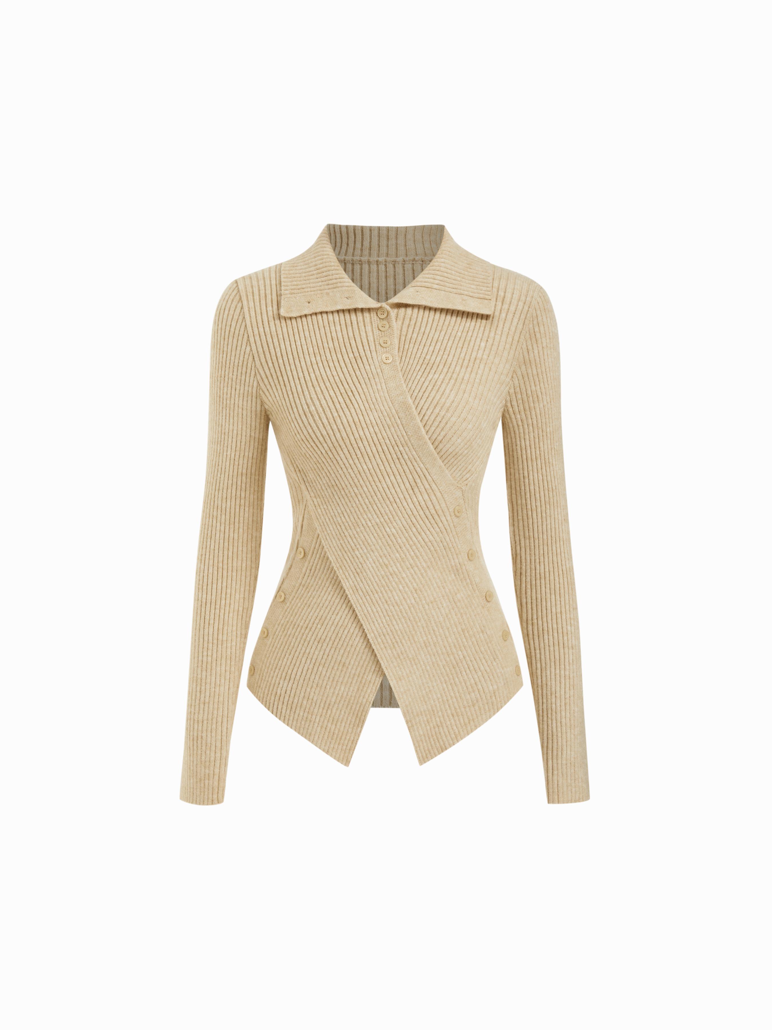 Knit Stand Collar Long Sleeve Wrap Split Button Top by CIDER