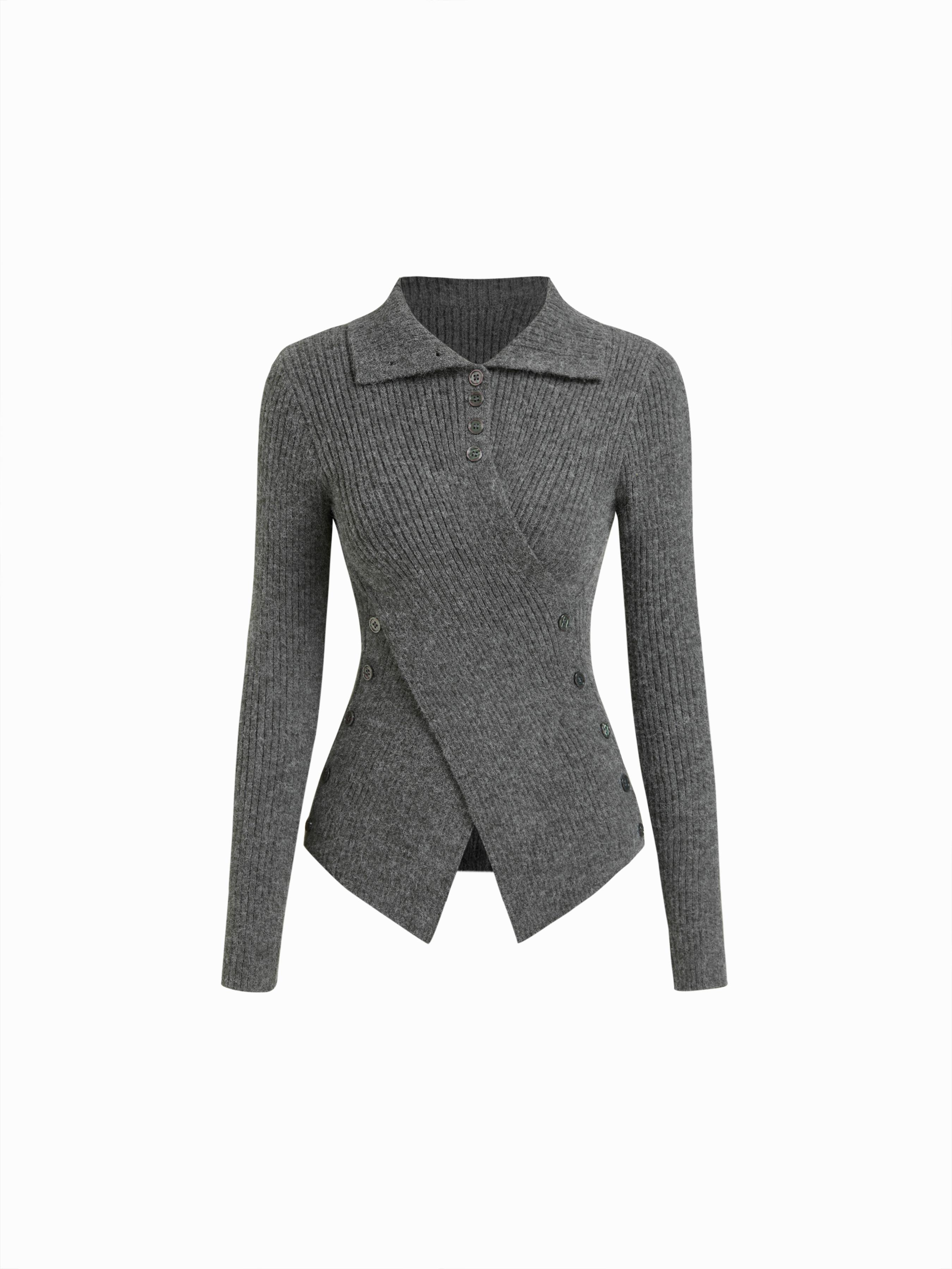 Knit Stand Collar Long Sleeve Wrap Split Button Top by CIDER