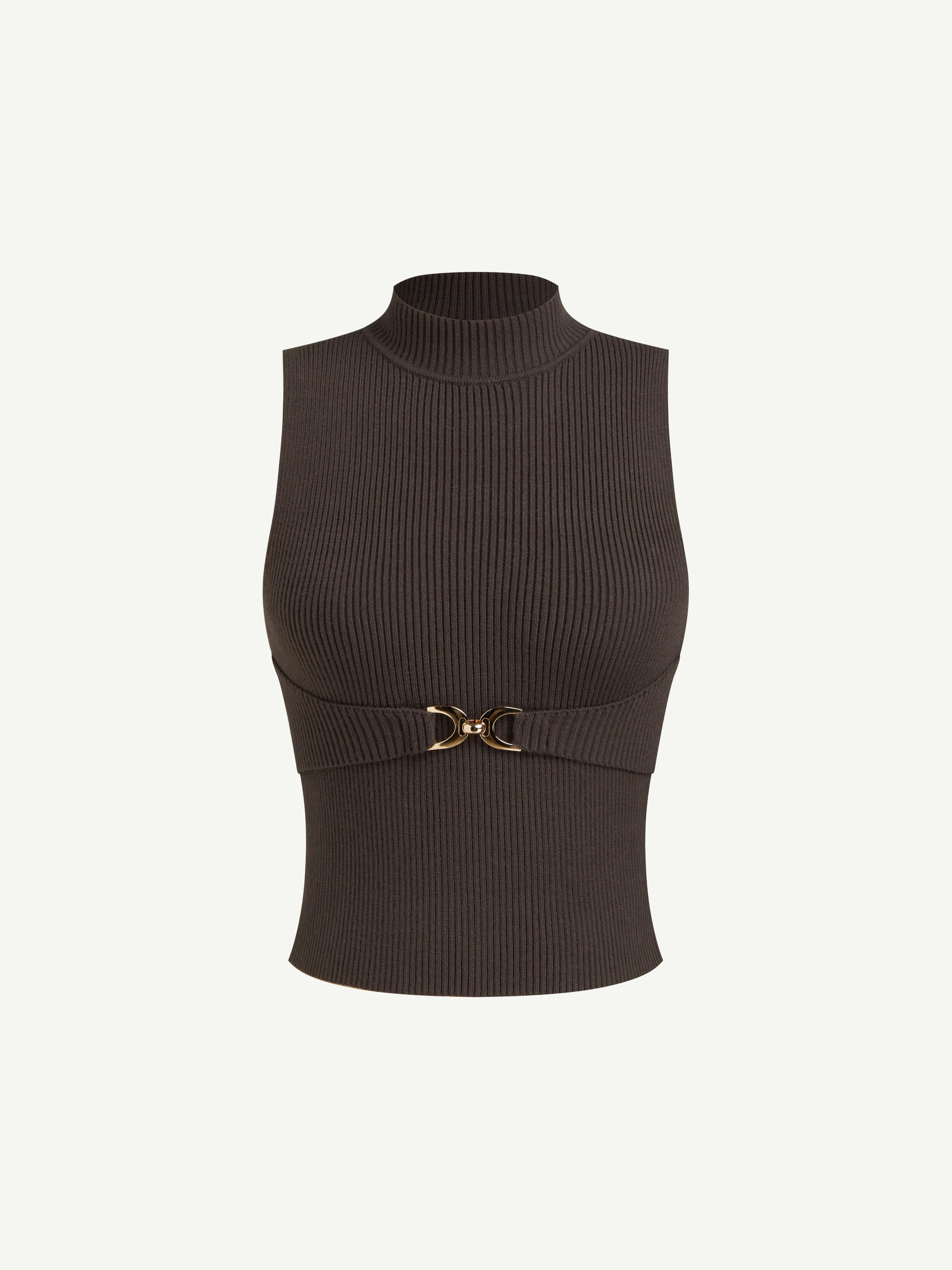 Knit Stand Collar Metal Detail Top by CIDER