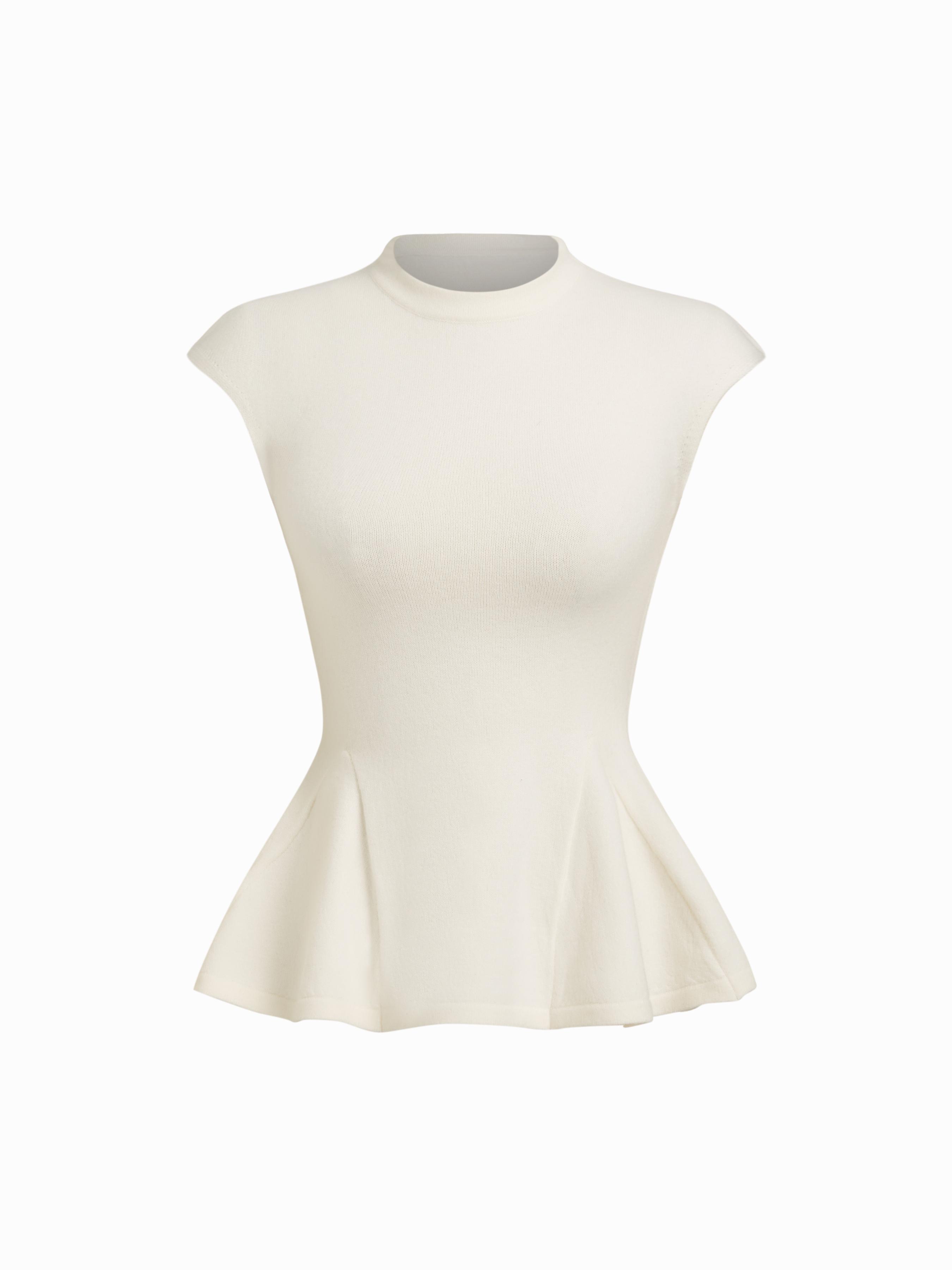 Knit Stand Collar Peplum Hem Short Sleeve Top by CIDER