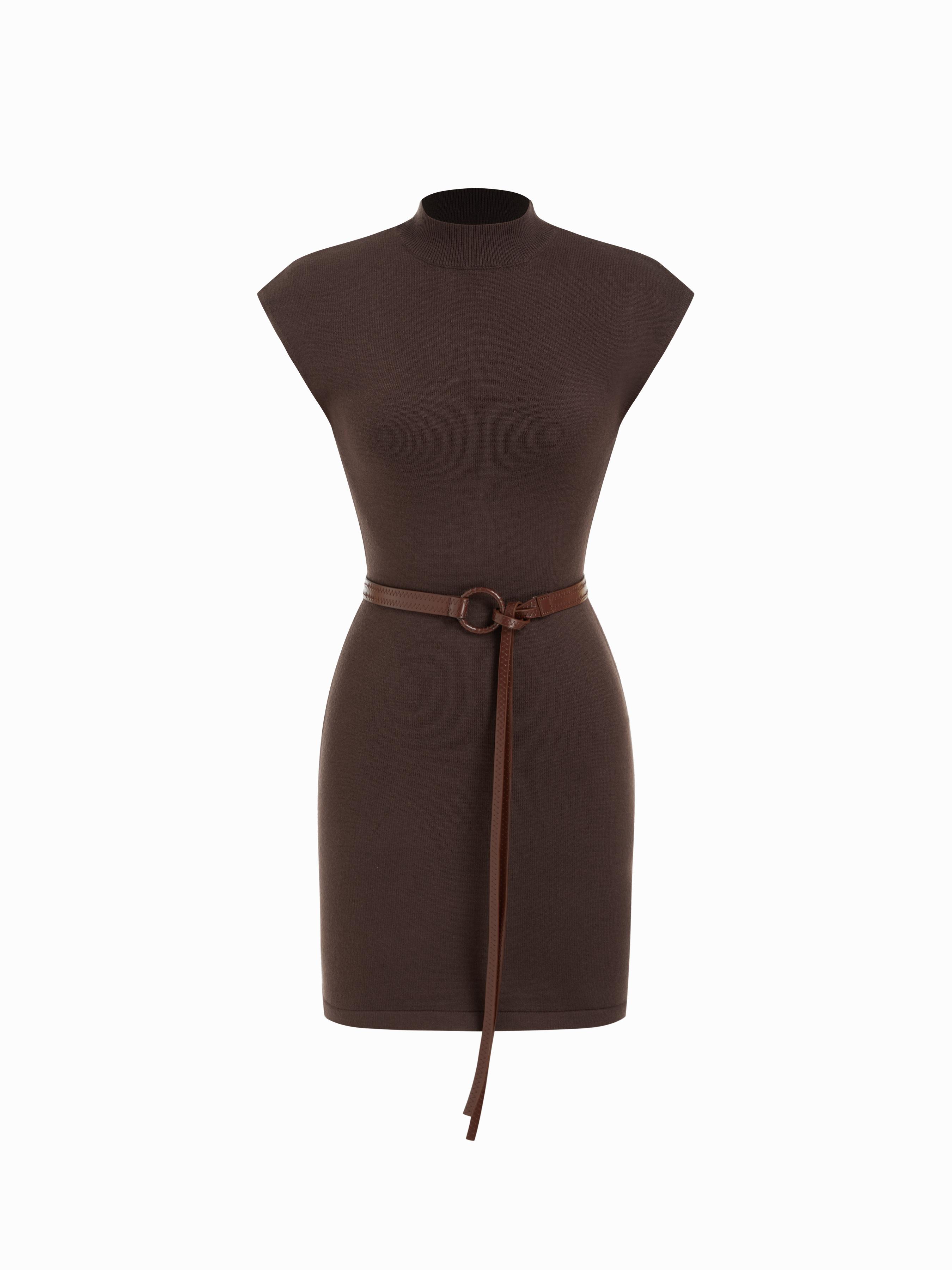 Knit Stand Collar Straight Mini Dress With Belt by CIDER
