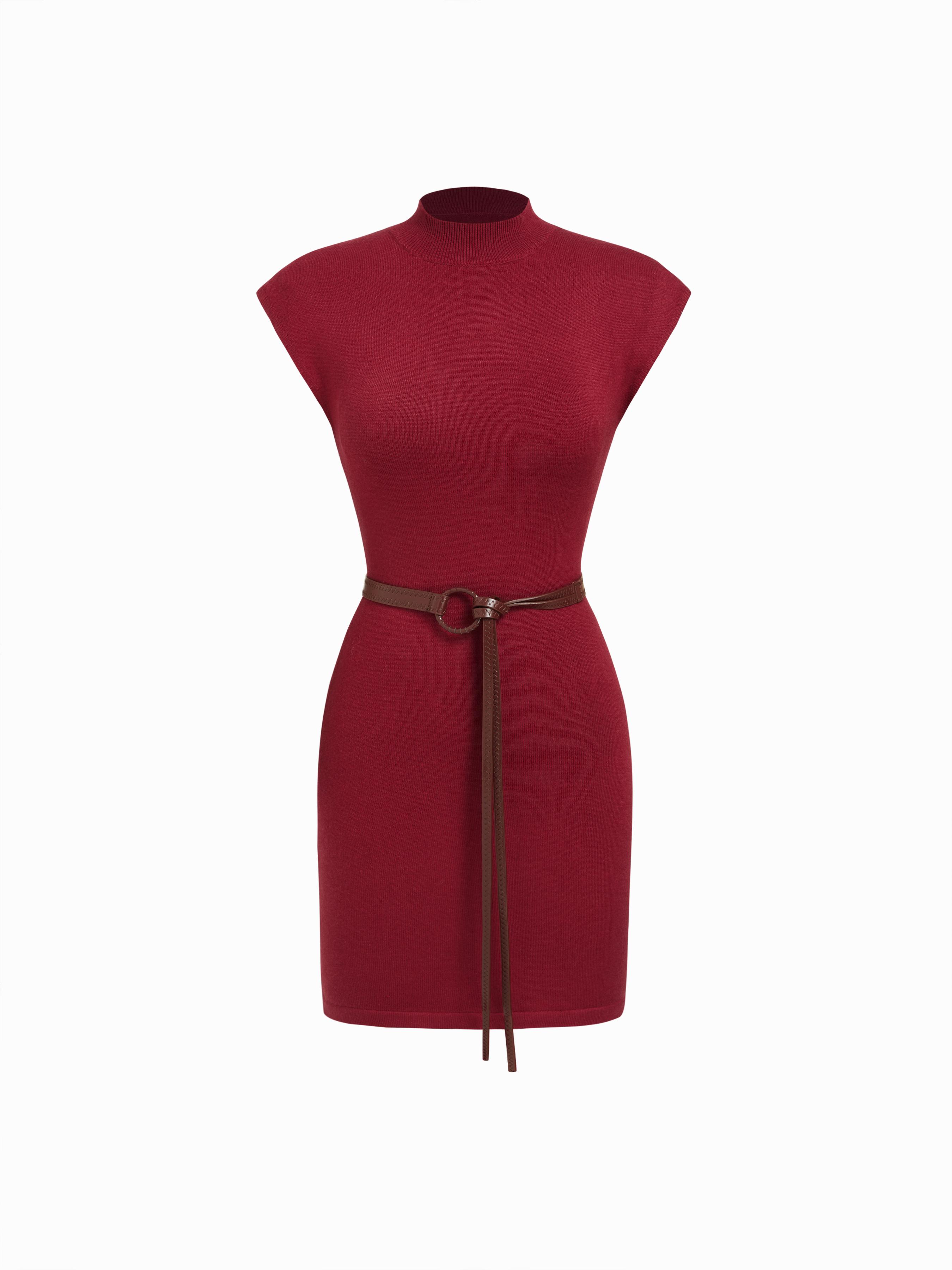 Knit Stand Collar Straight Mini Dress With Belt by CIDER