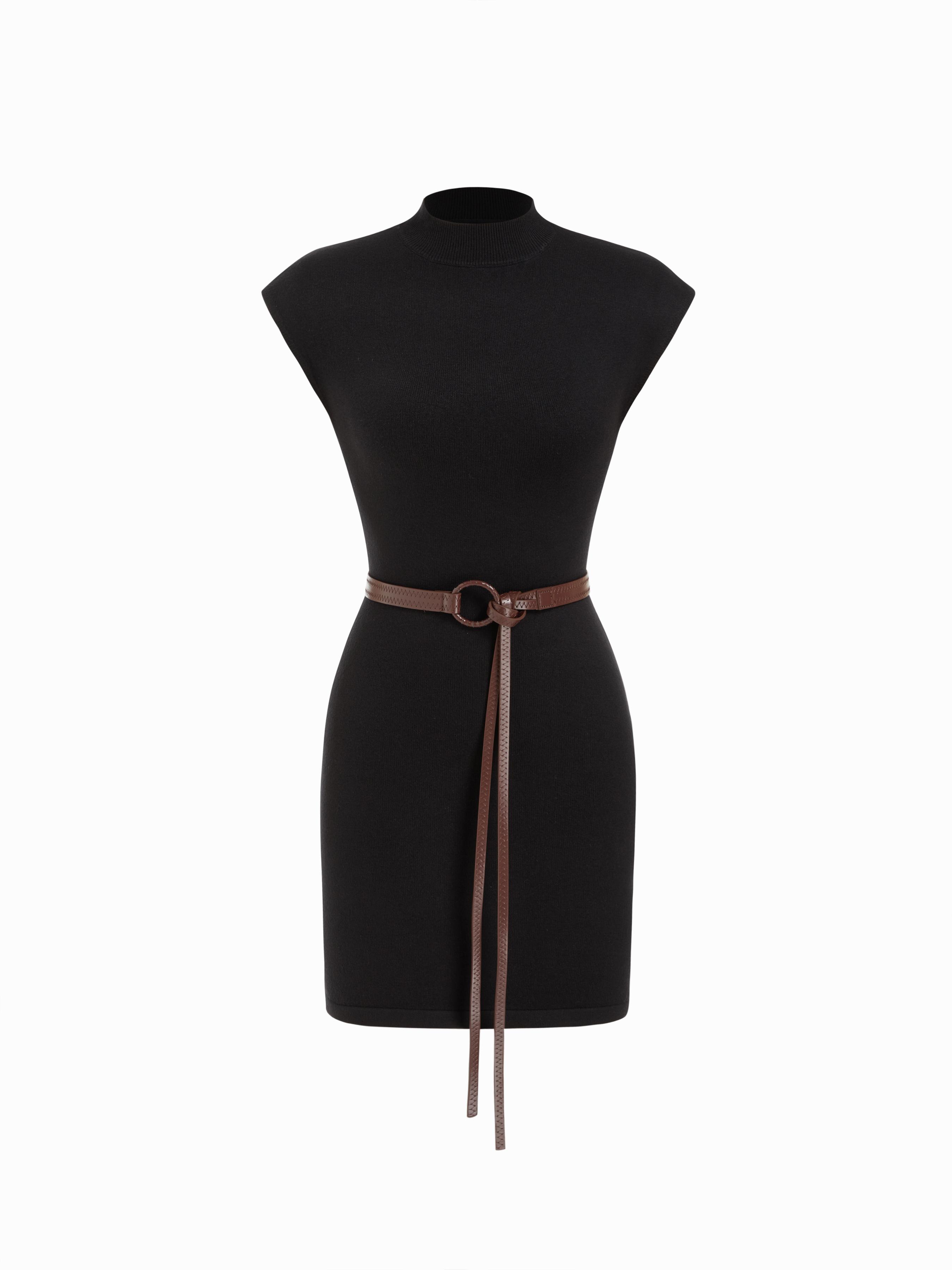 Knit Stand Collar Straight Mini Dress With Belt by CIDER