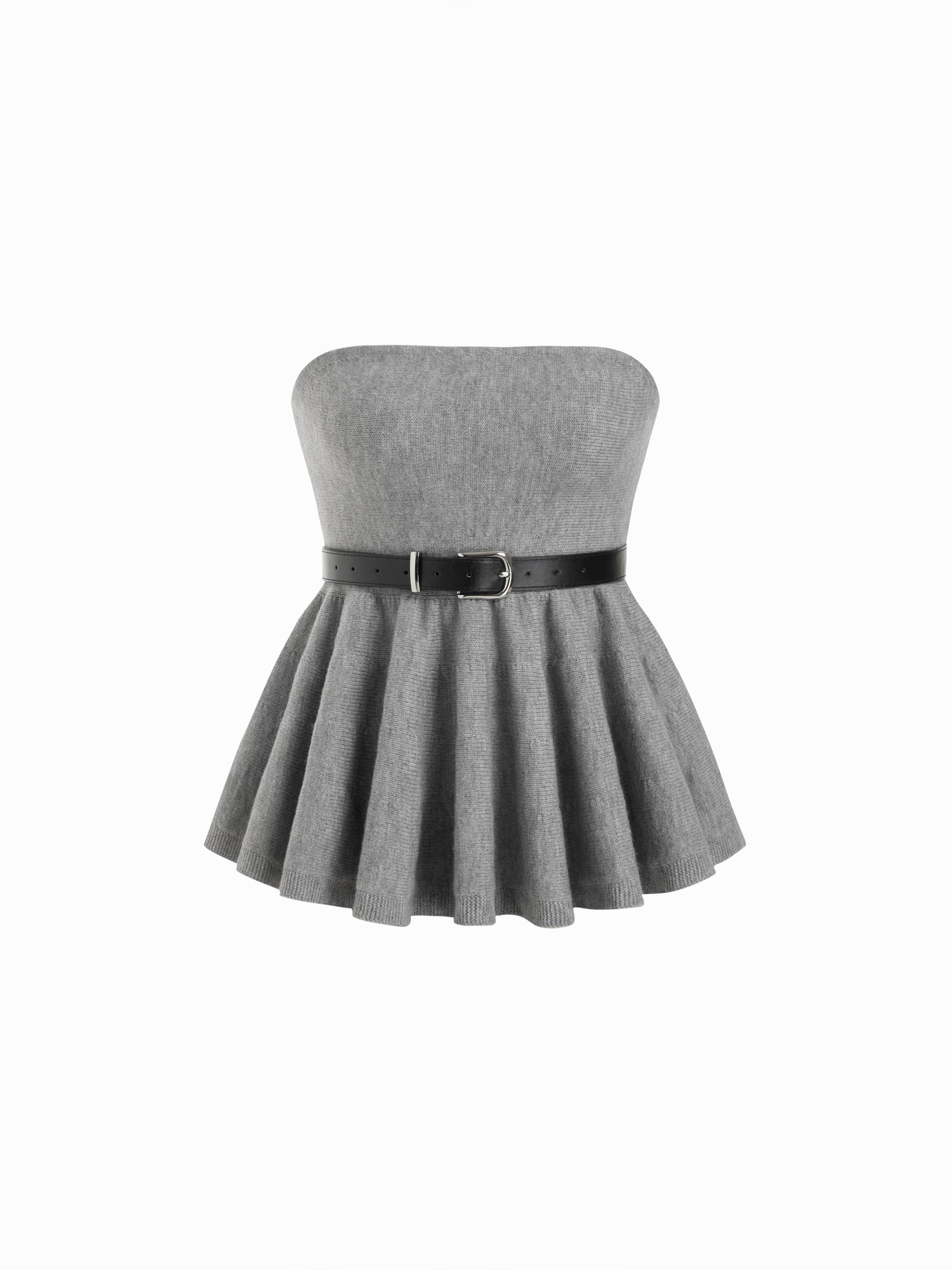 Knit Strapless Ruffled Peplum Crop Top With Belt by CIDER