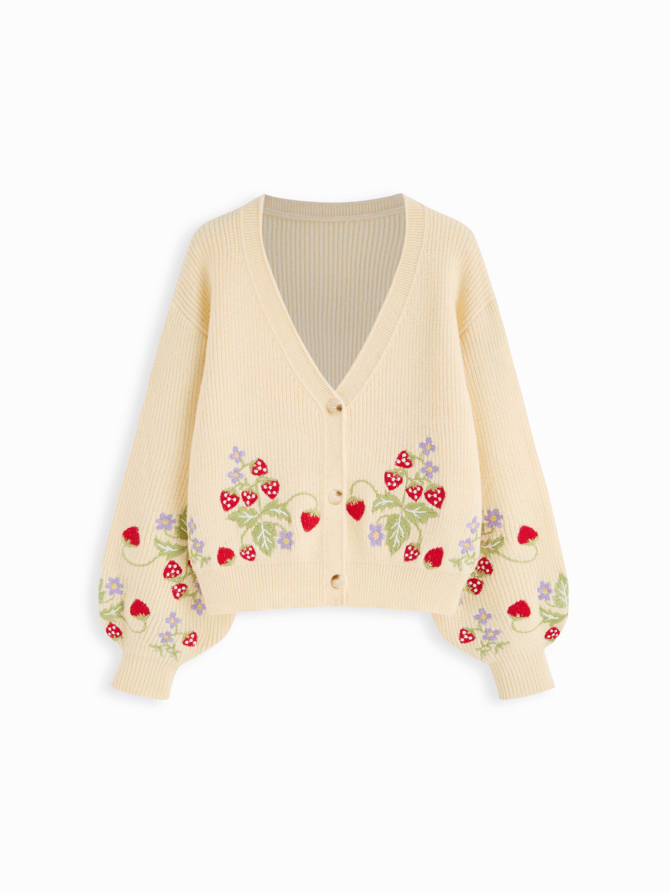 Knit Strawberries & Flowers Embroidery V-neck Lantern Sleeve Cardigan by CIDER