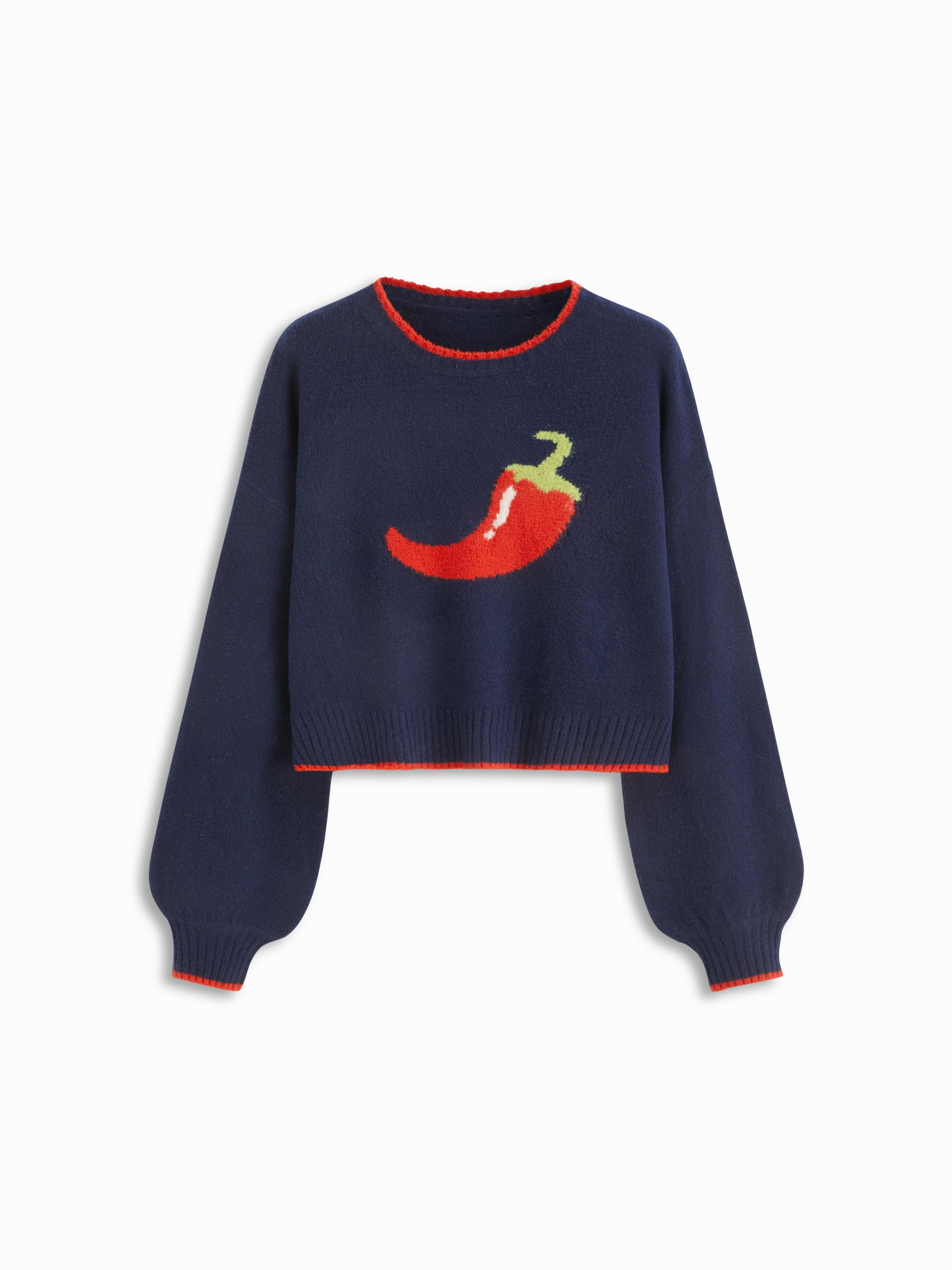 Knit Strawberry Contrasting Binding Round Neck Oversized Sweater by CIDER