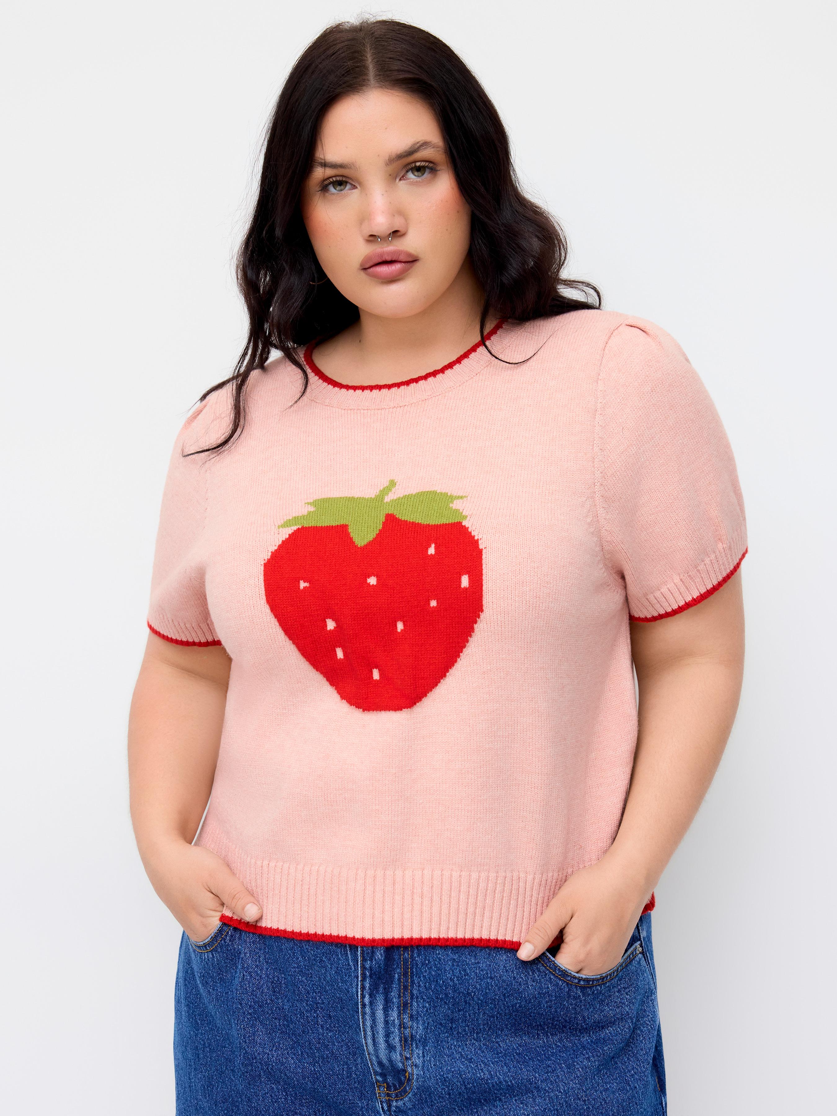 Knit Strawberry Graphic Contrasting Binding Top Curve & Plus by CIDER
